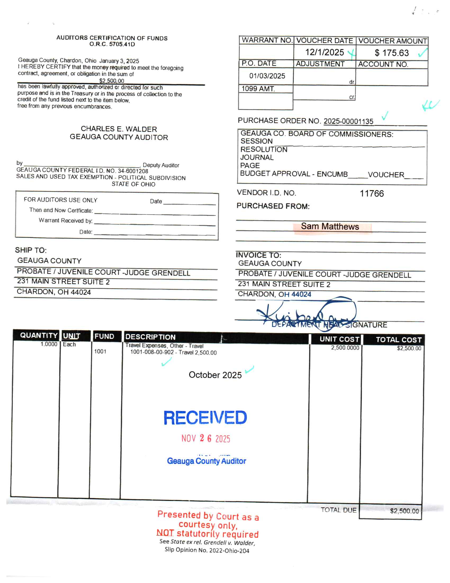 Auditor's Certification of Funds