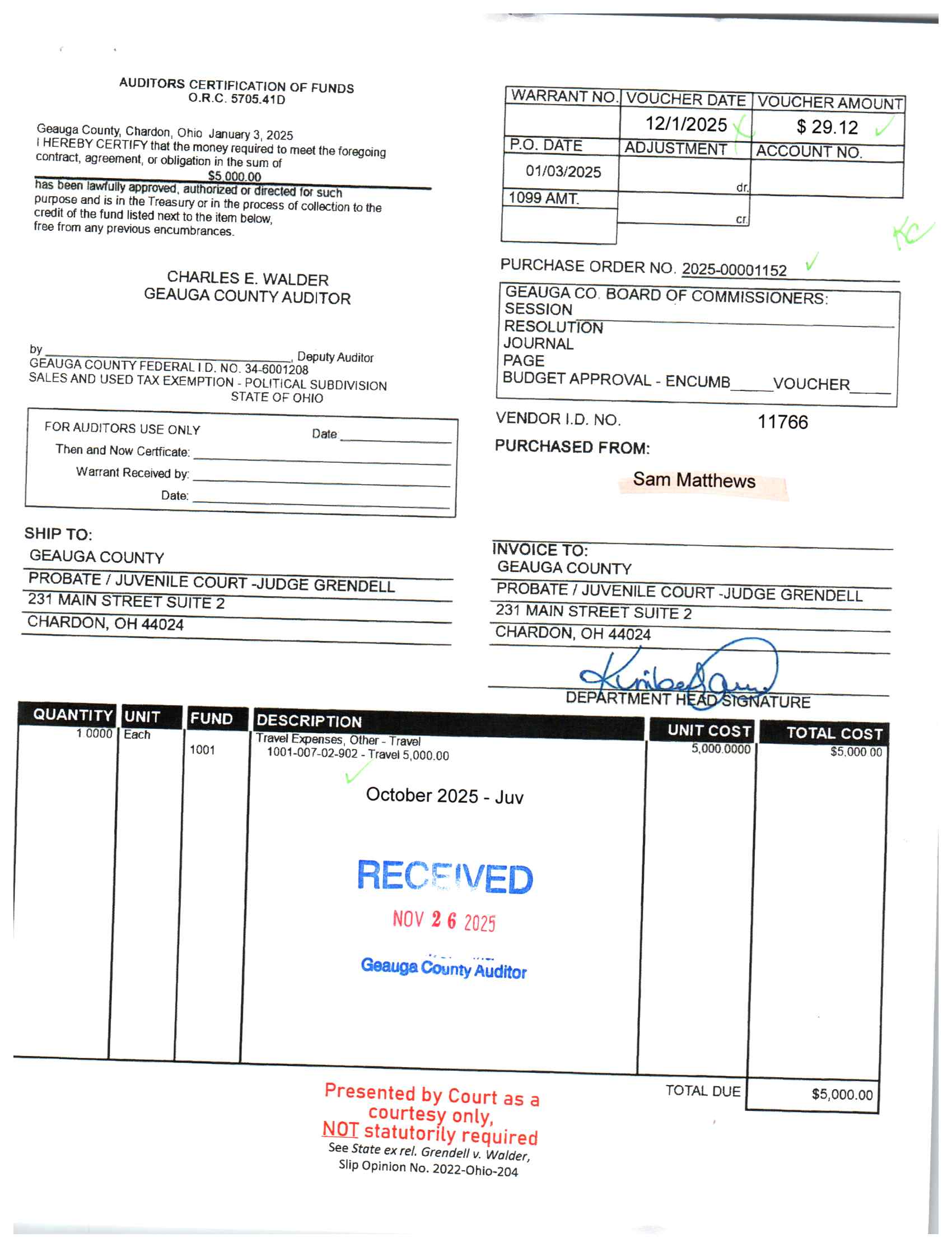 Auditor's Certification of Funds