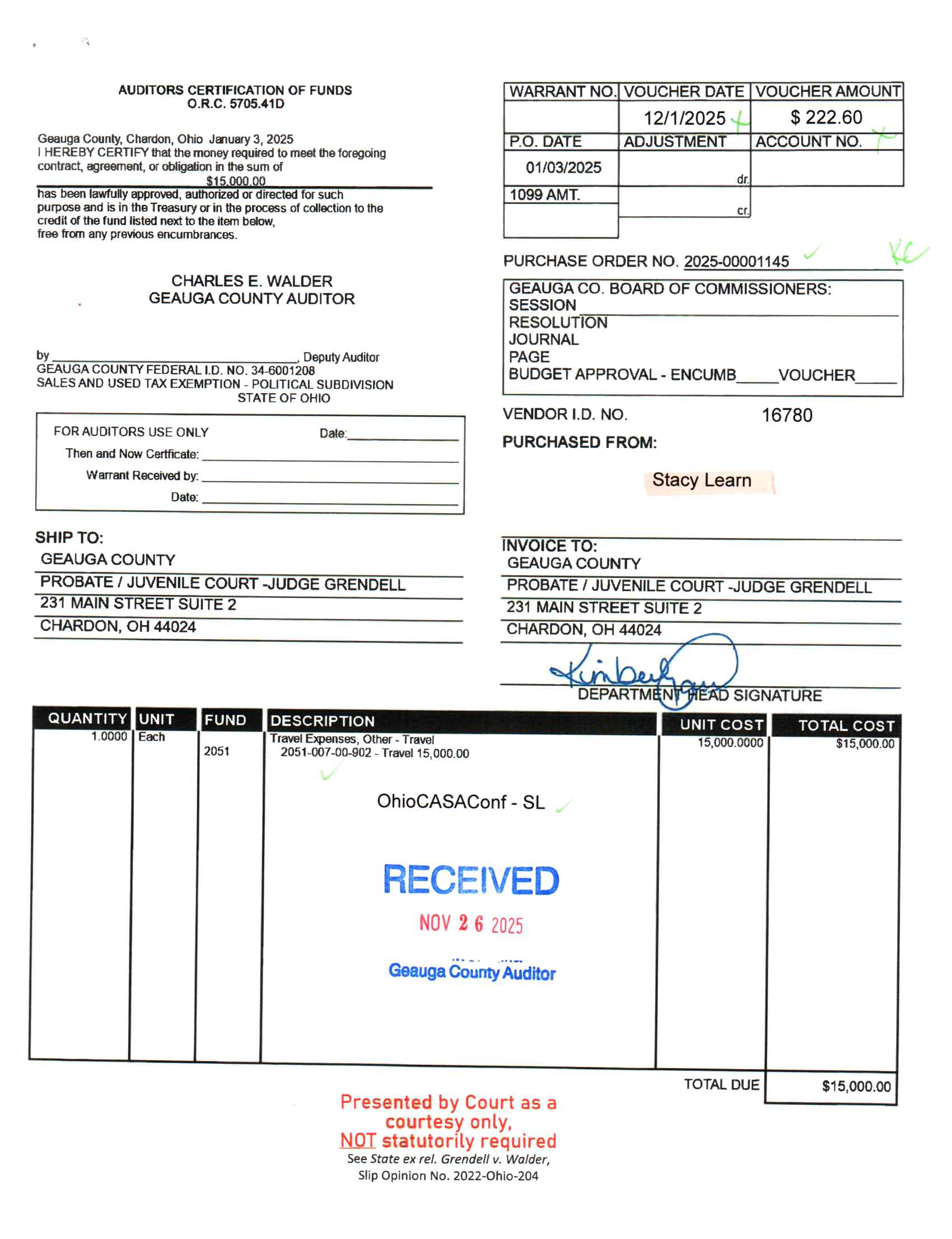 Auditor's Certification of Funds