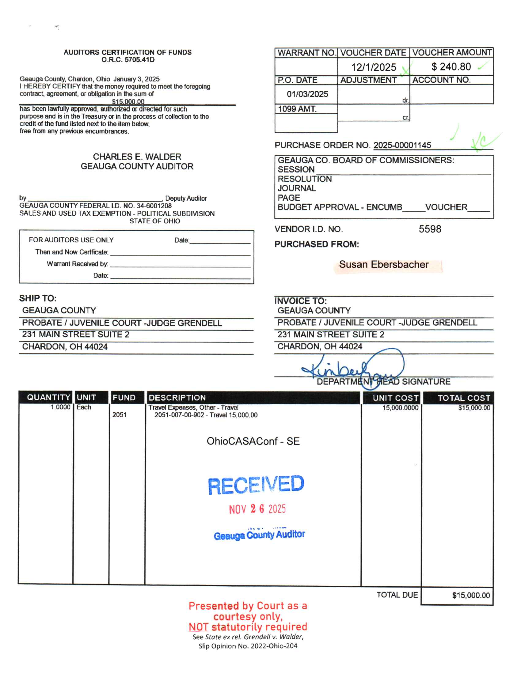Auditor's Certification of Funds