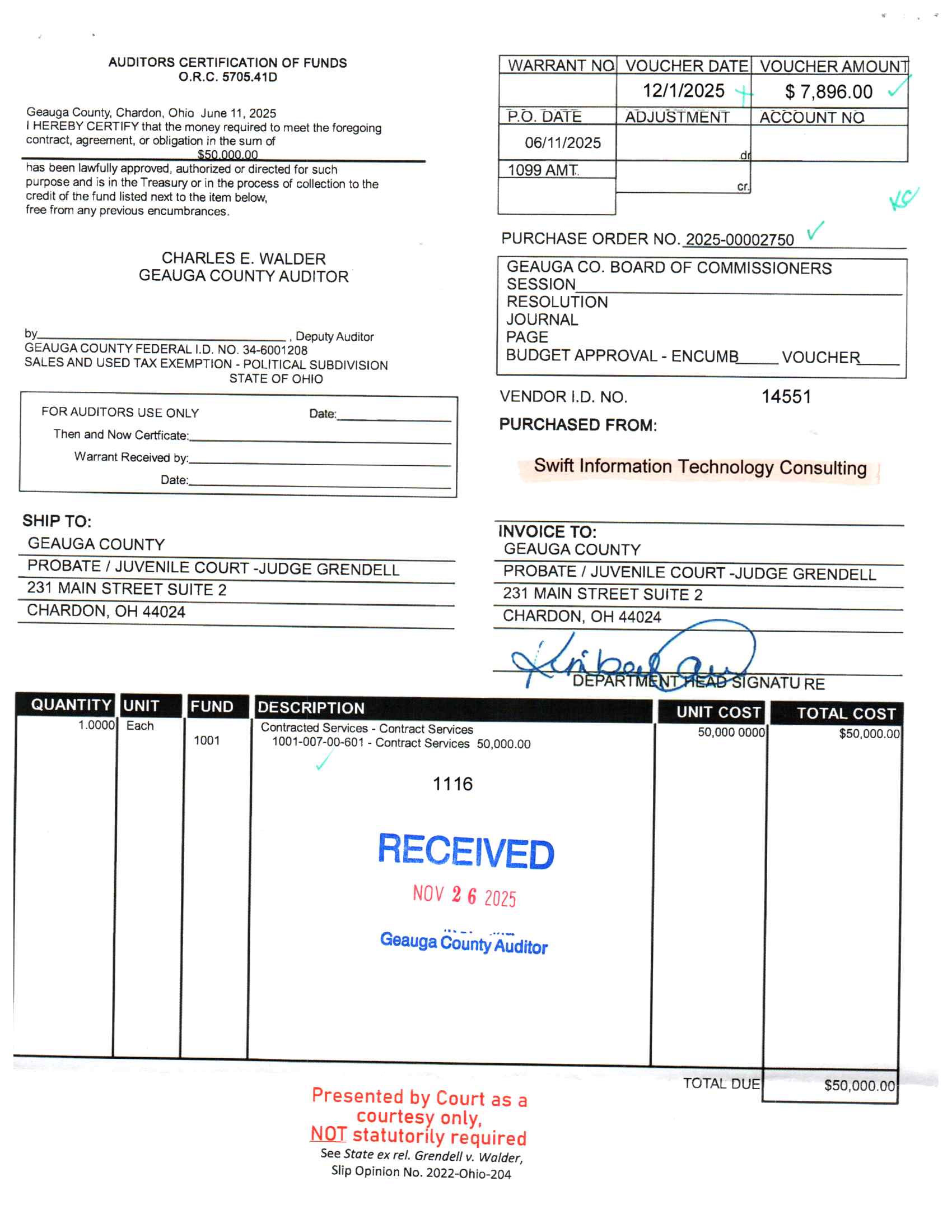 Auditor's Certification of Funds