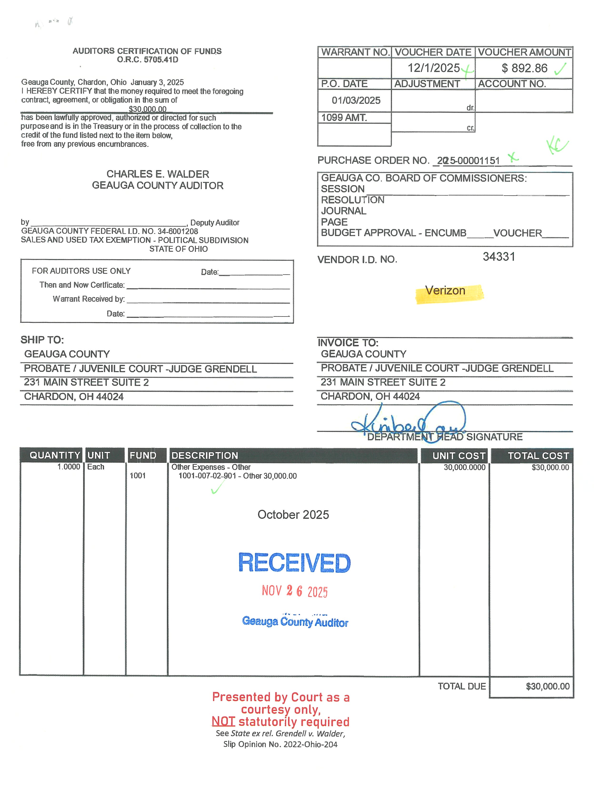 Auditor's Certification of Funds