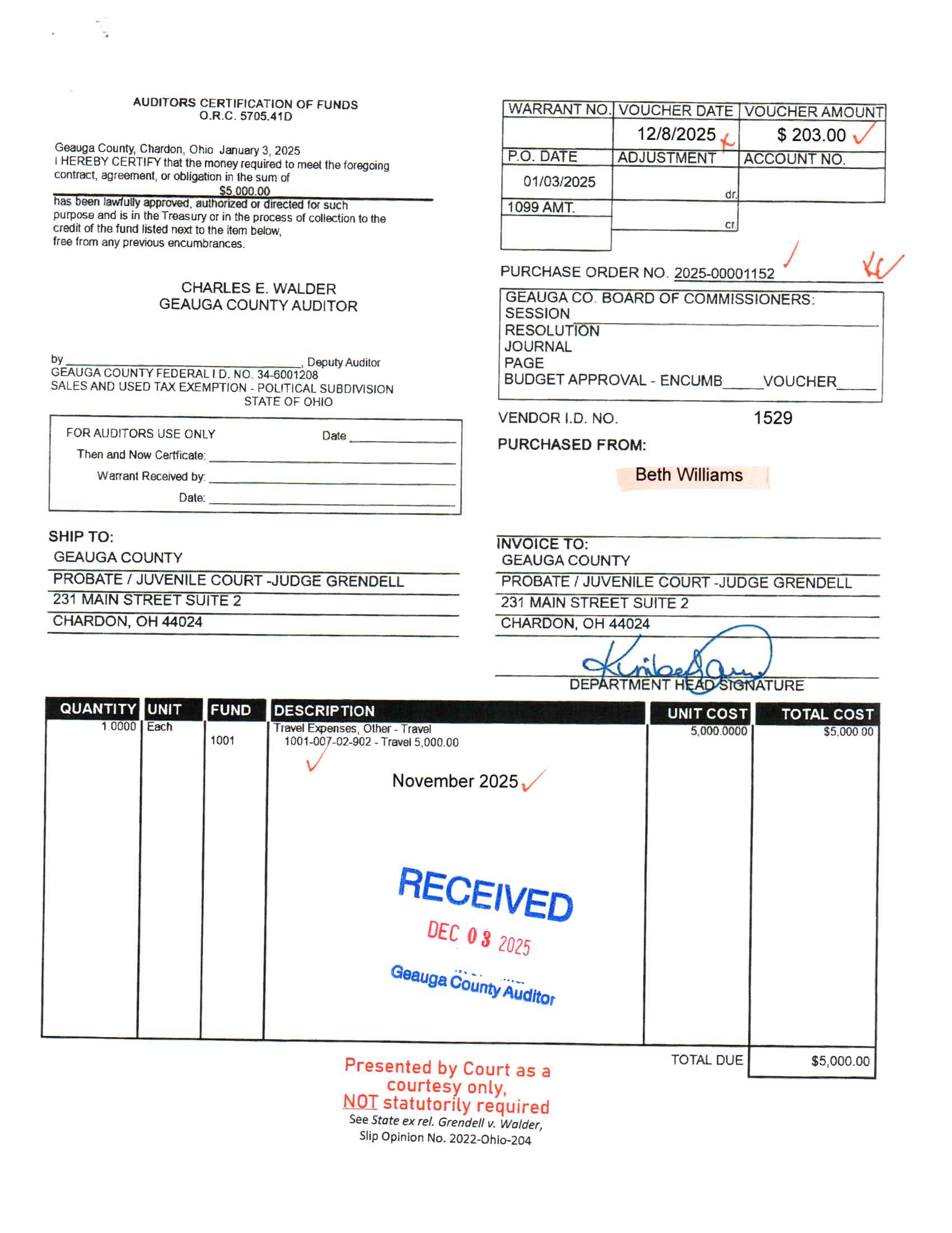 Auditor's Certification of Funds