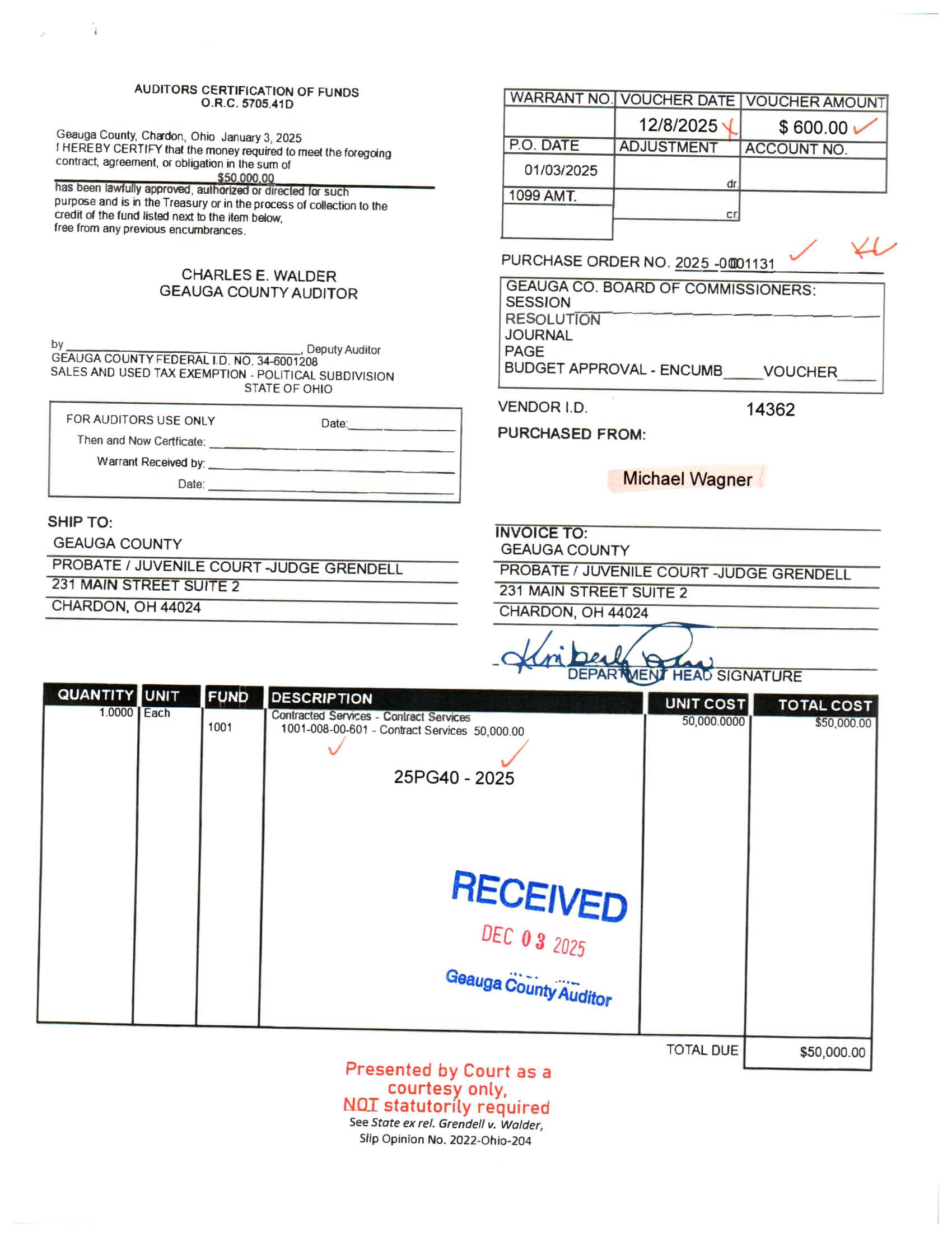 Auditor's Certification of Funds