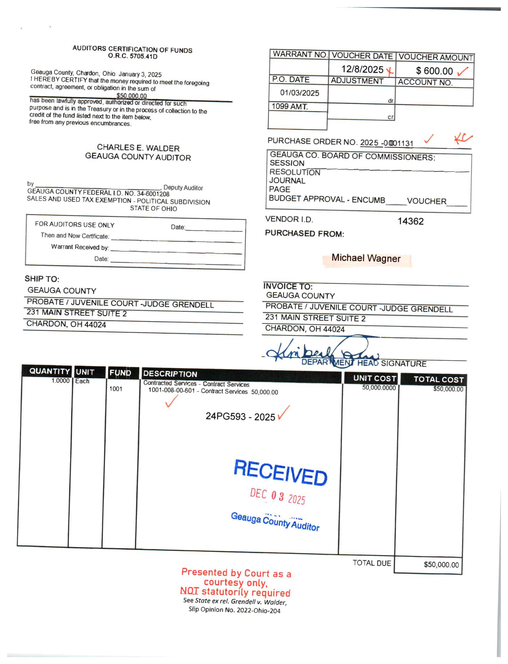 Auditor's Certification of Funds