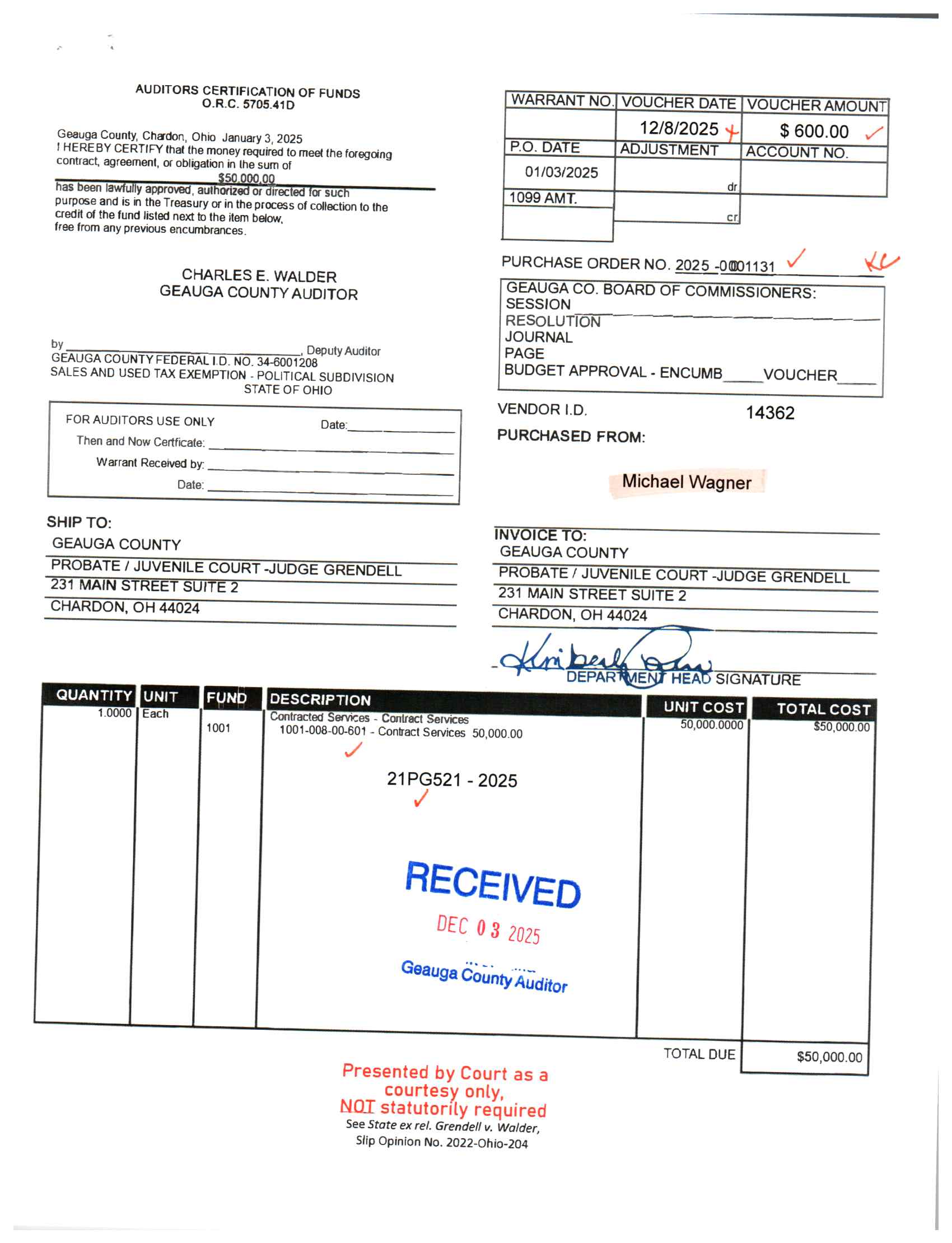 Auditor's Certification of Funds
