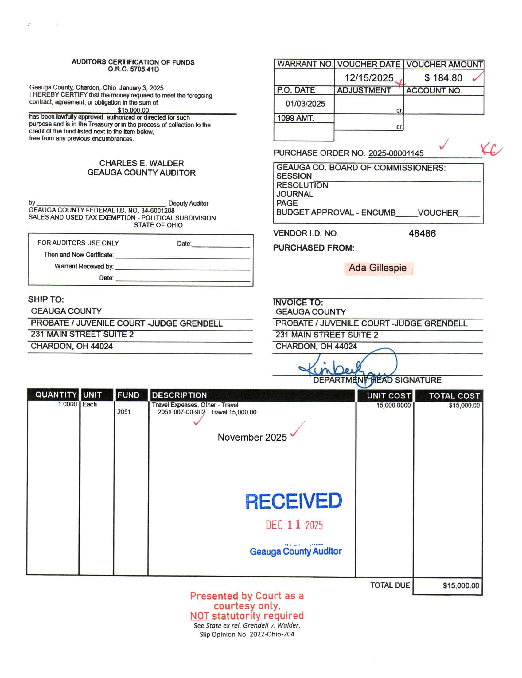 Auditor's Certification of Funds