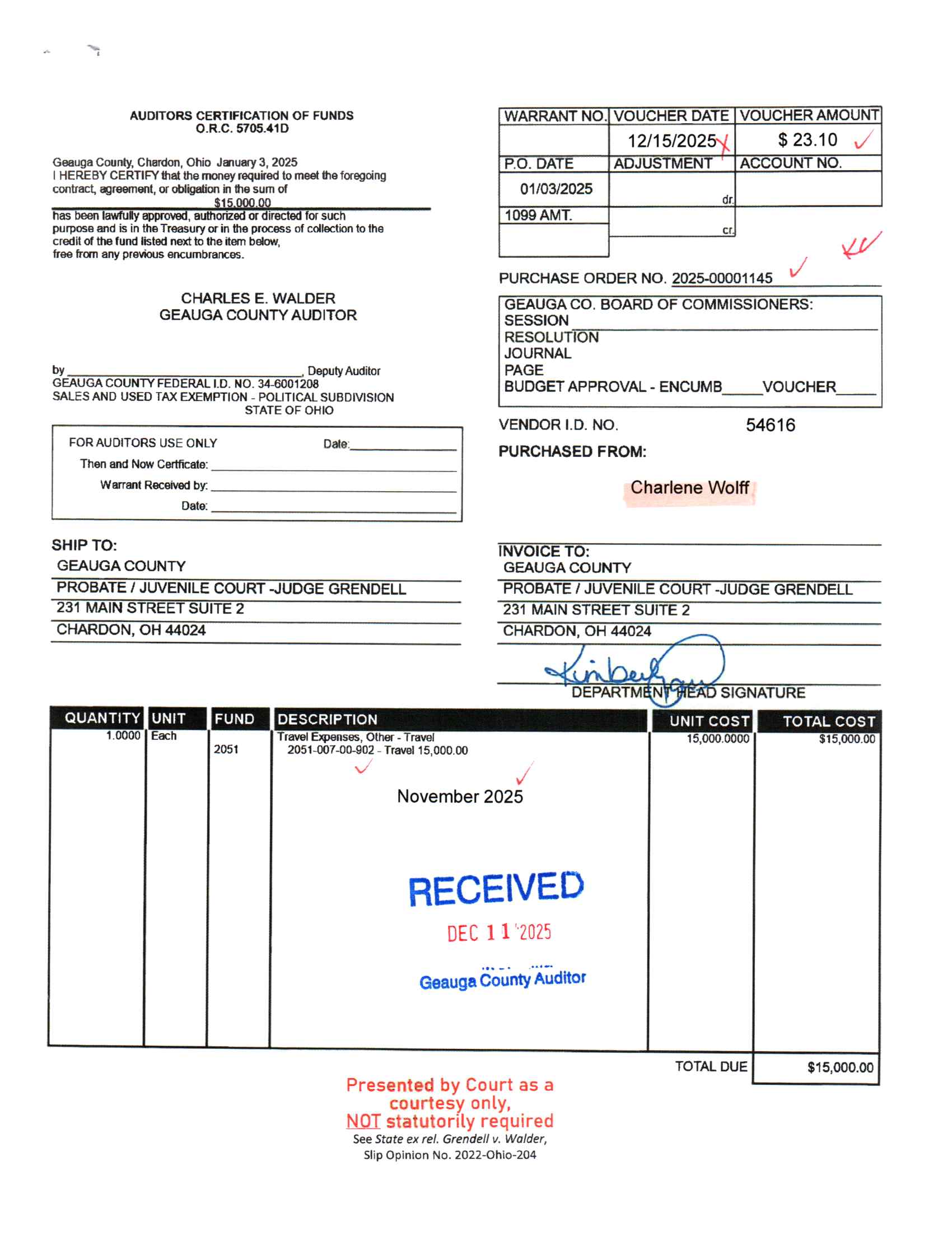 Auditor's Certification of Funds