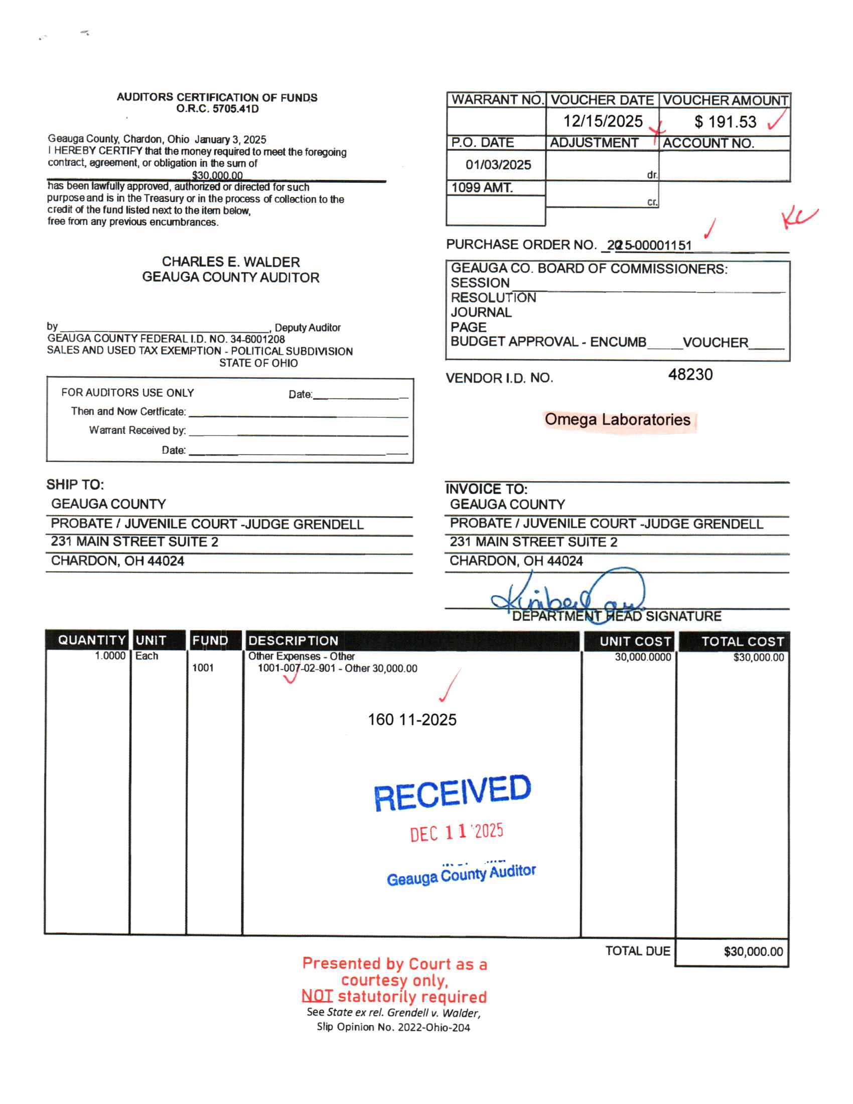 Auditor's Certification of Funds