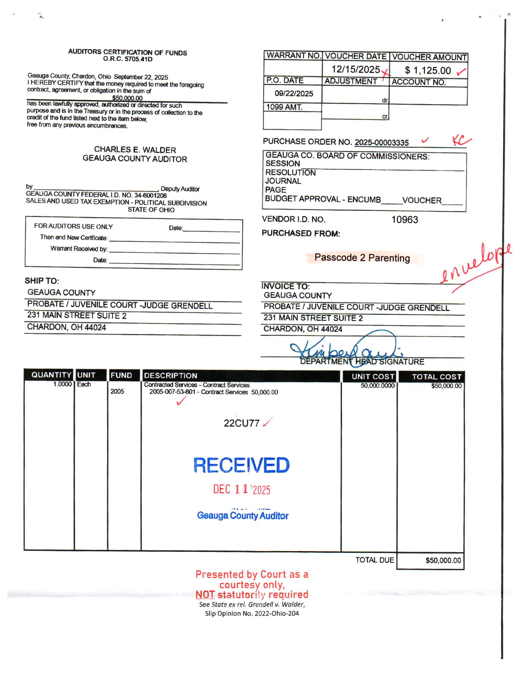 Auditor's Certification of Funds