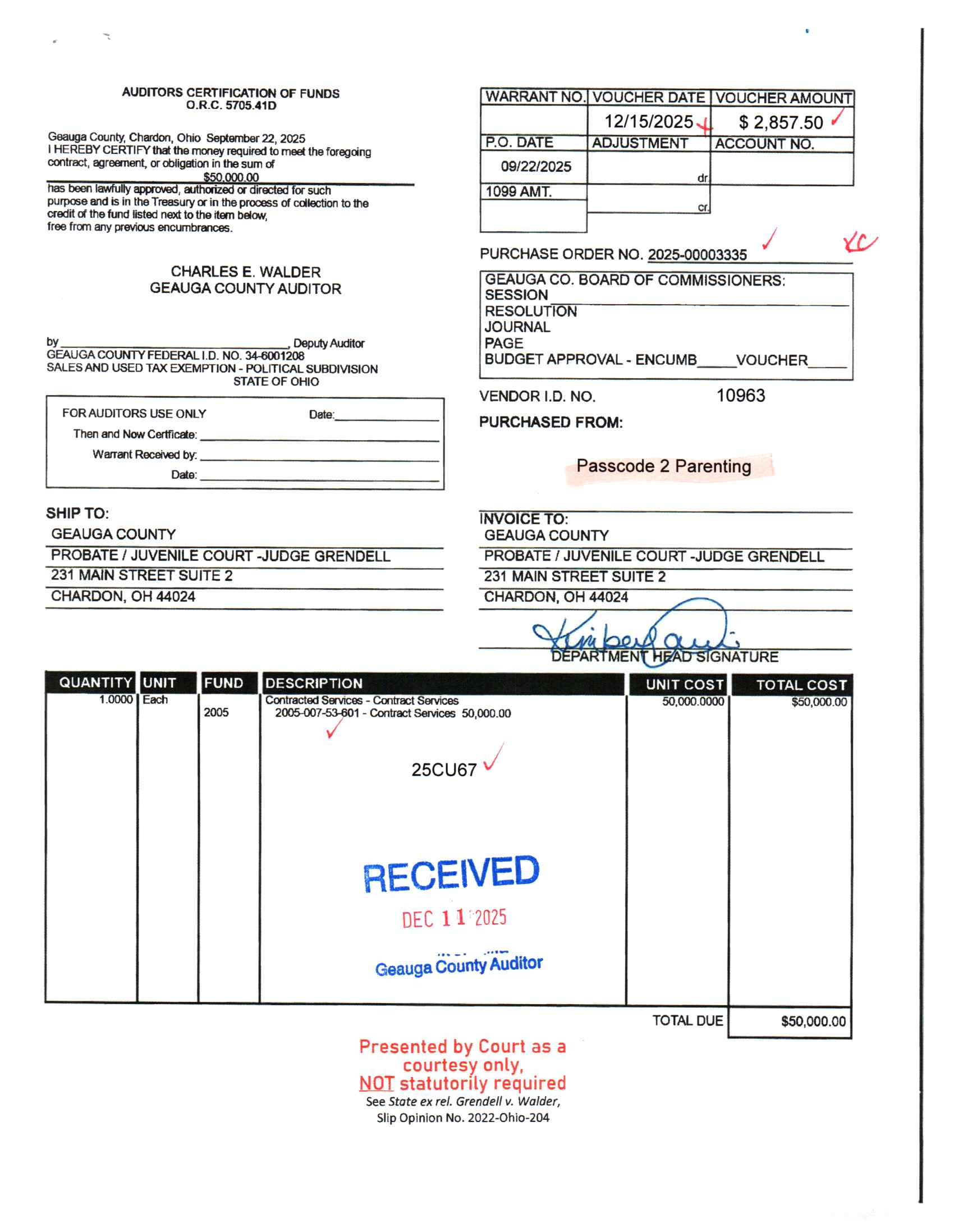 Auditor's Certification of Funds