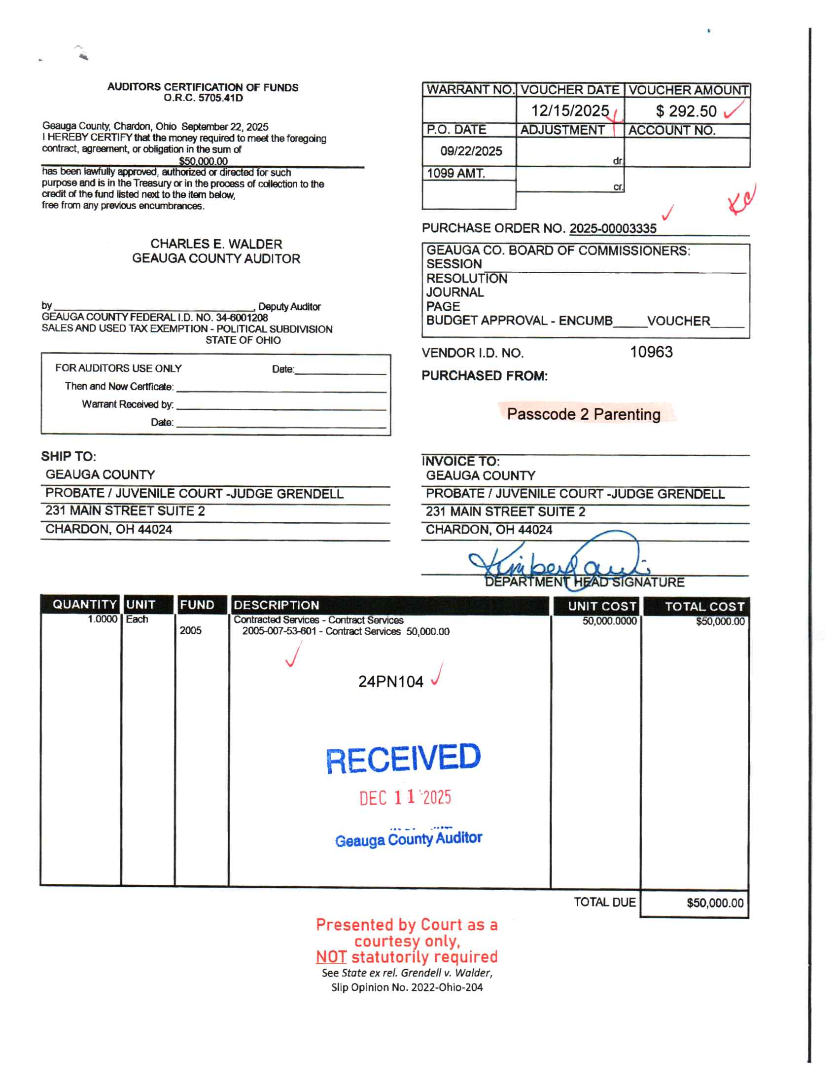 Auditor's Certification of Funds