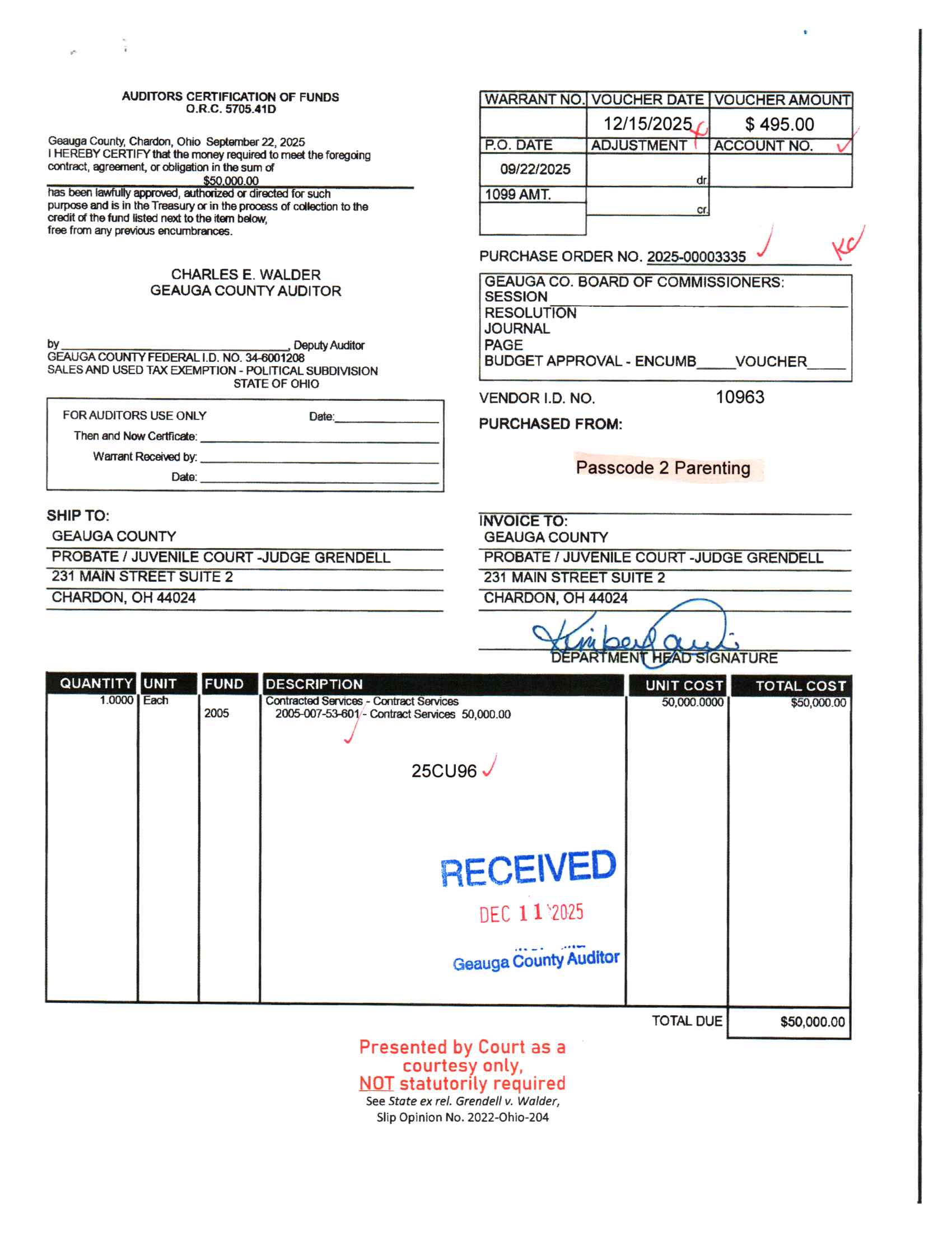 Auditor's Certification of Funds