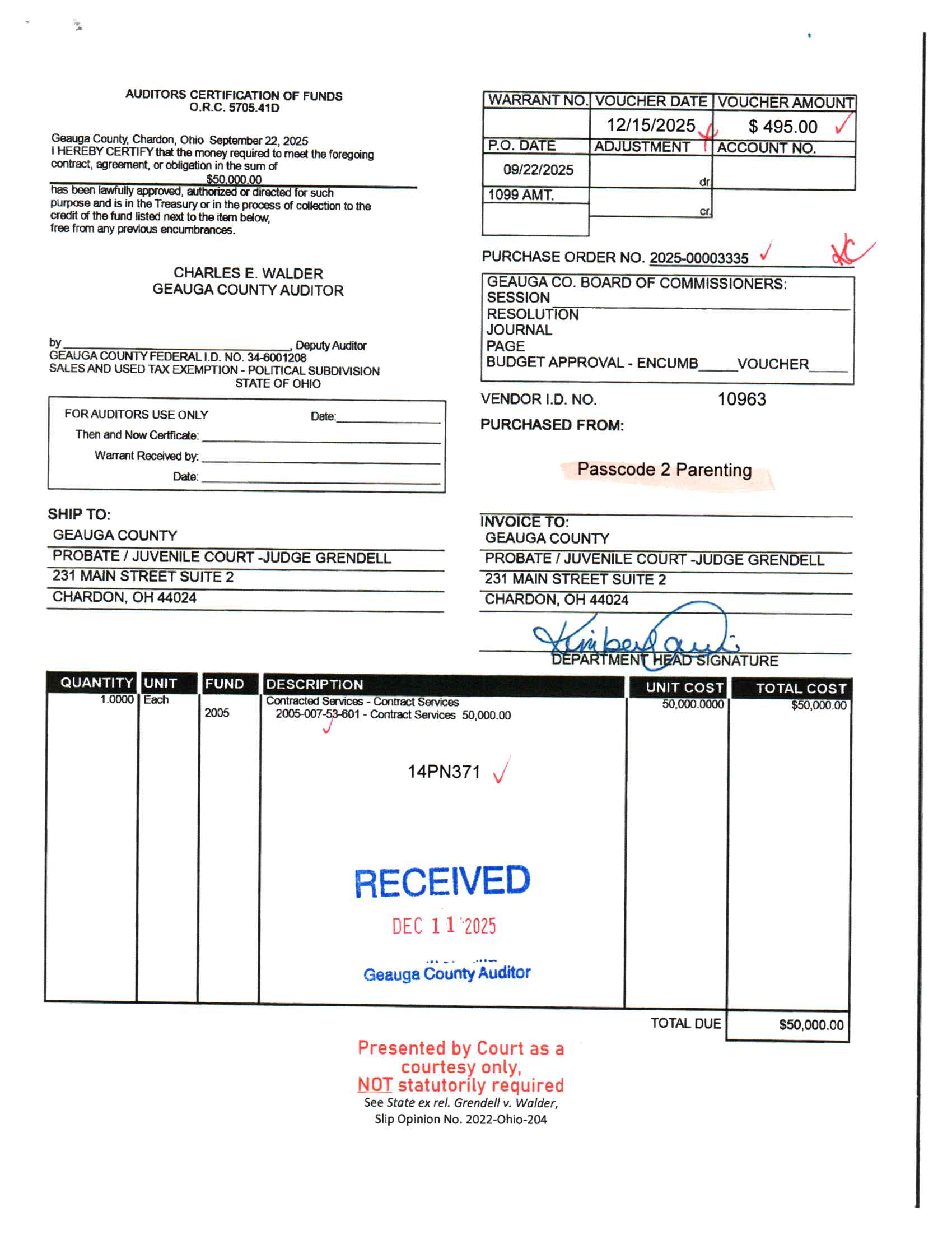 Auditor's Certification of Funds