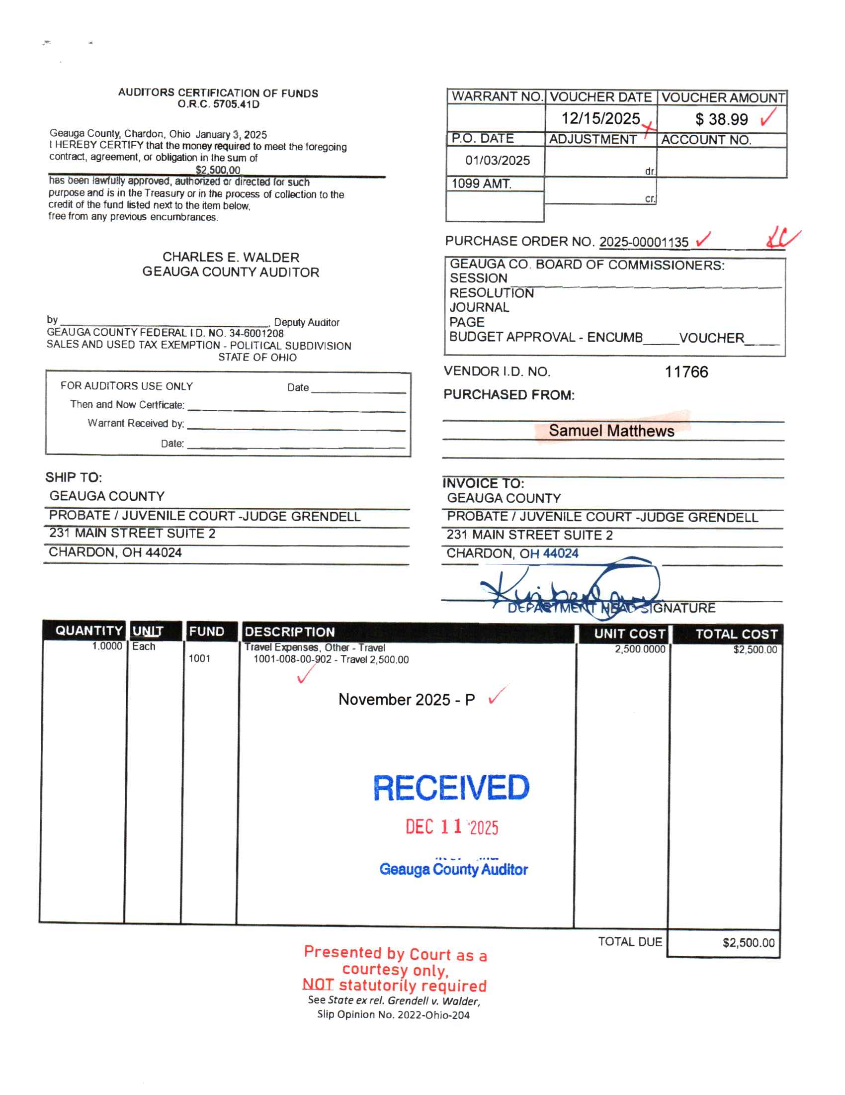 Auditor's Certification of Funds