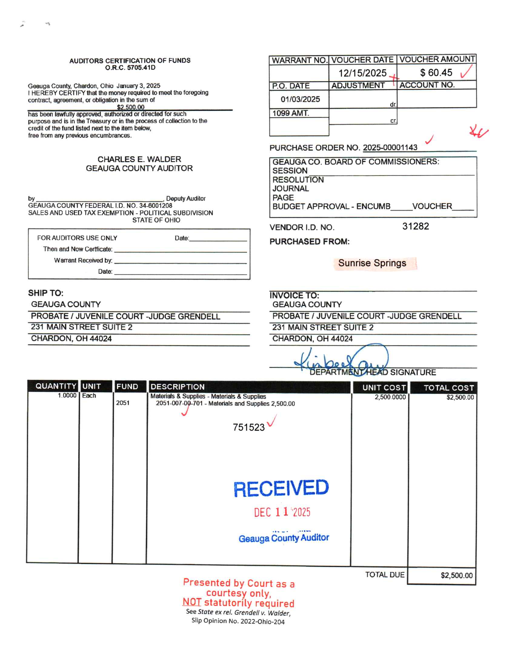 Auditor's Certification of Funds