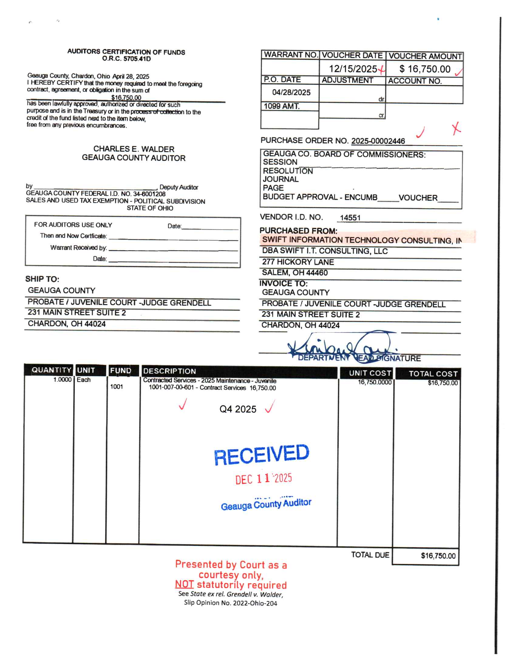 Auditor's Certification of Funds