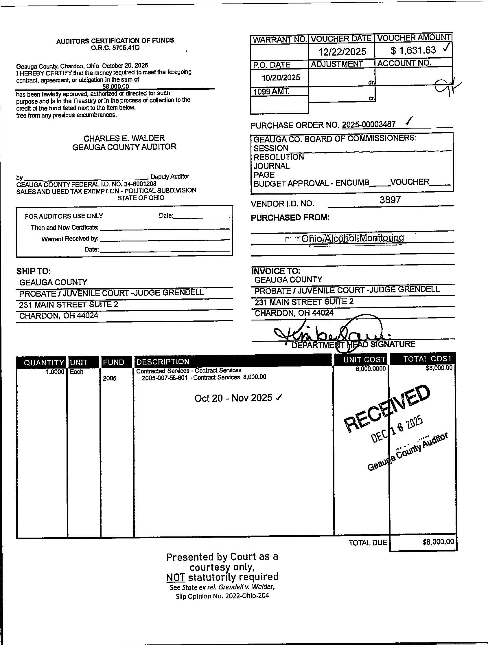 Auditor's Certification of Funds