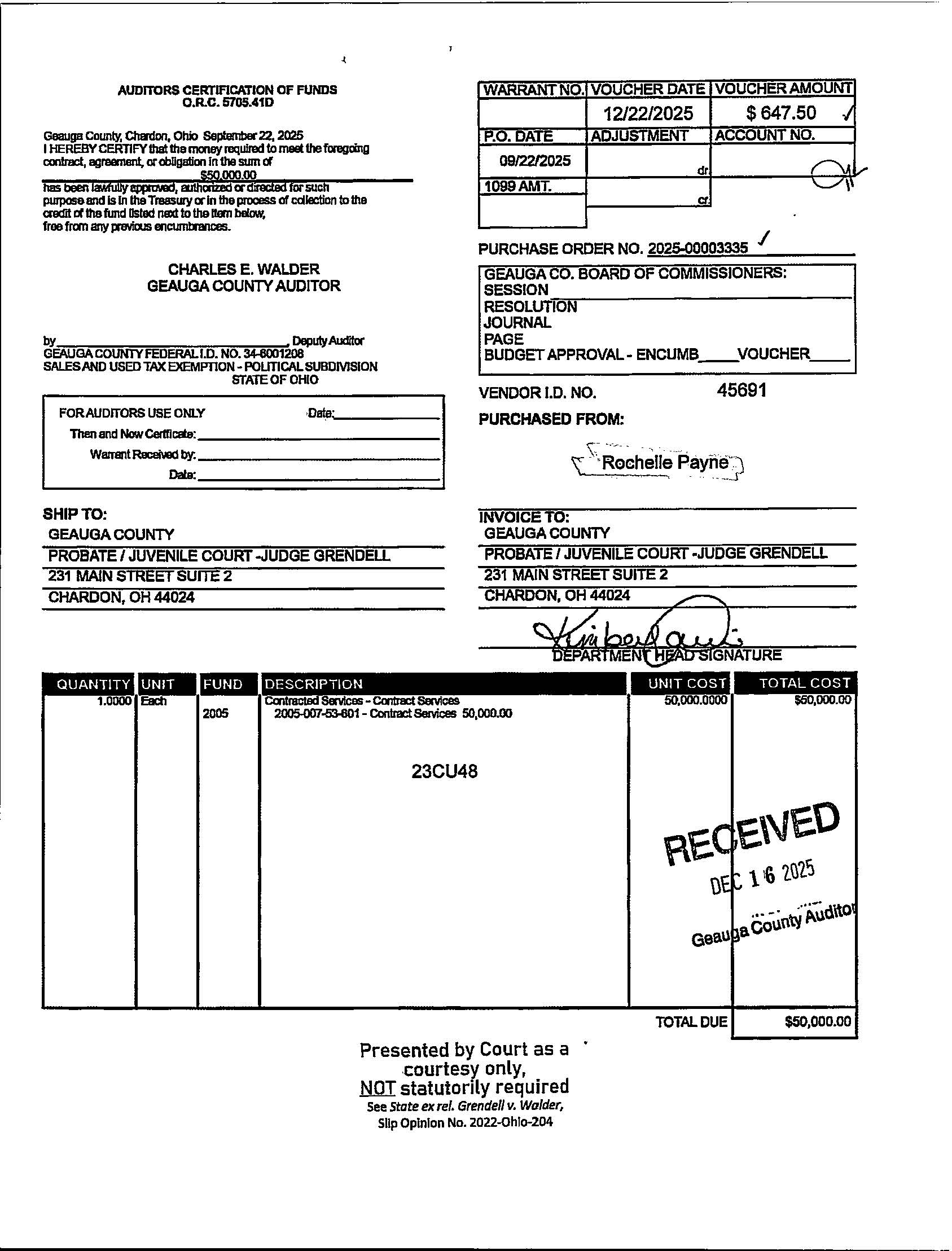 Auditor's Certification of Funds