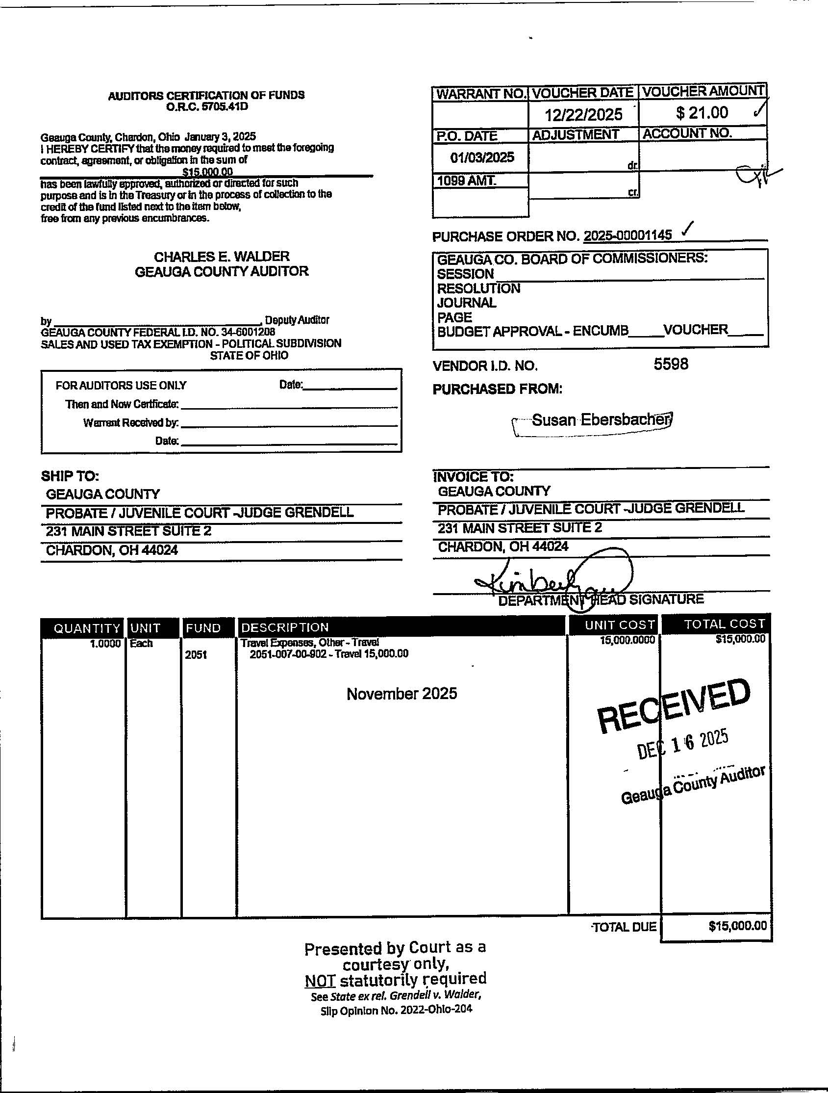 Auditor's Certification of Funds