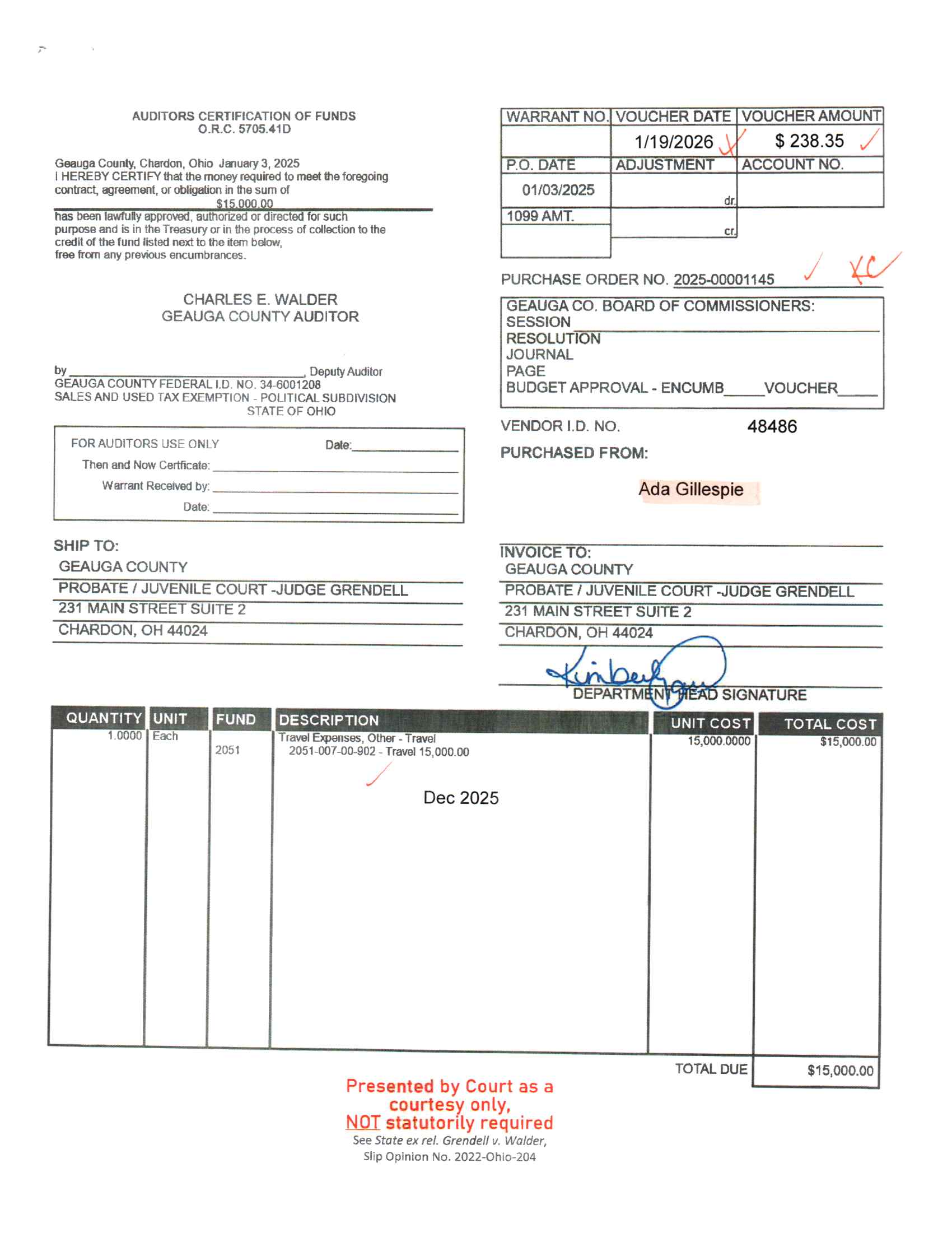 Auditor's Certification of Funds