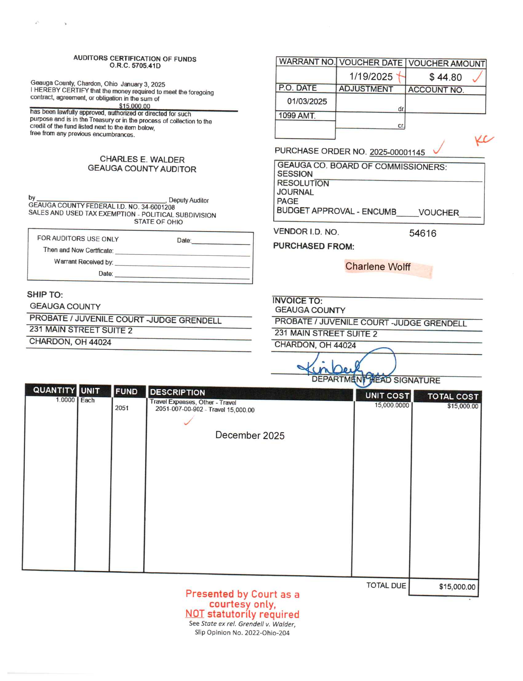Auditor's Certification of Funds