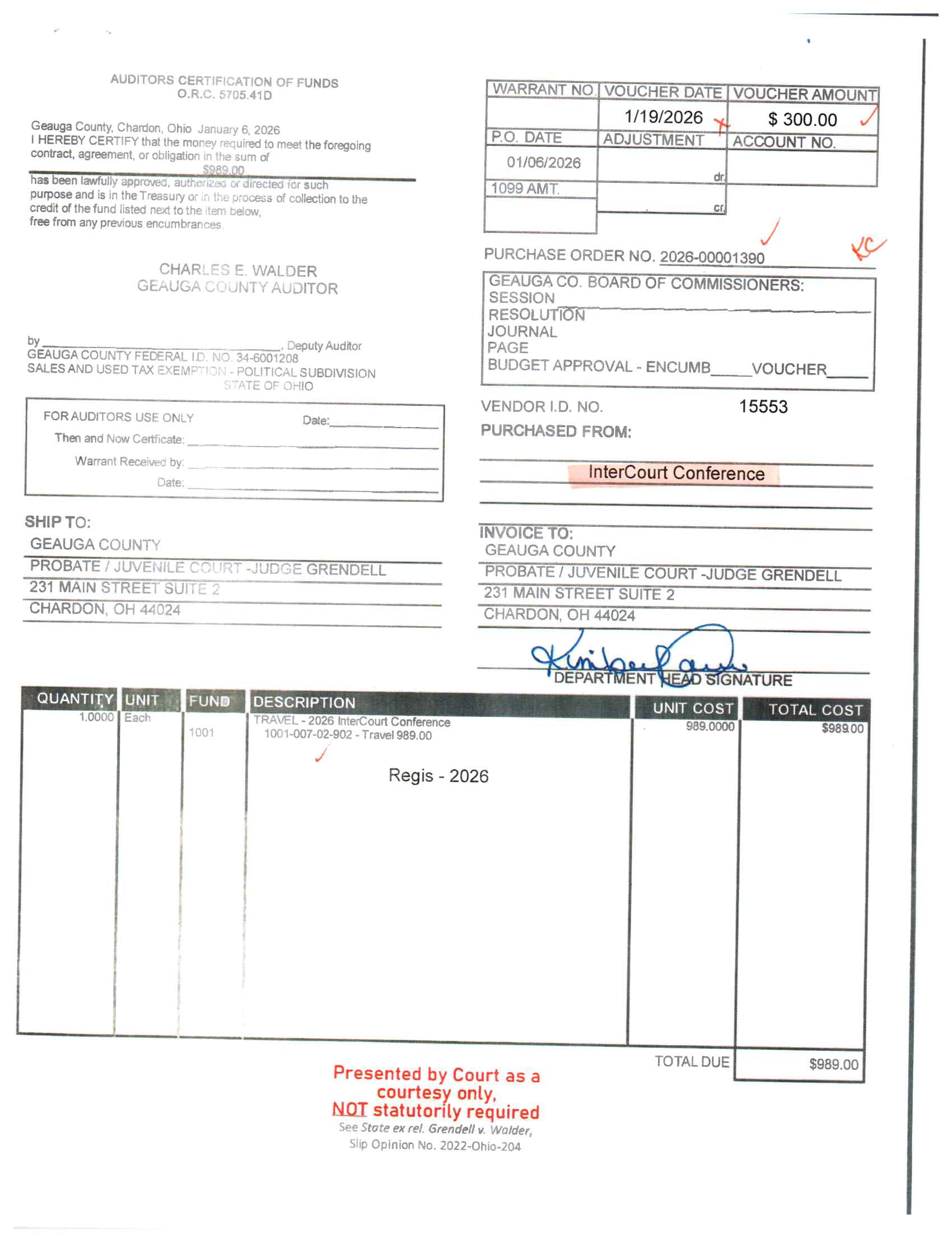 Auditor's Certification of Funds
