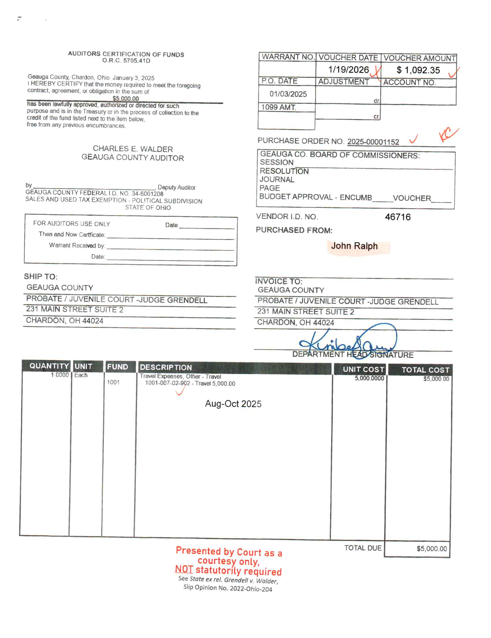 Auditor's Certification of Funds