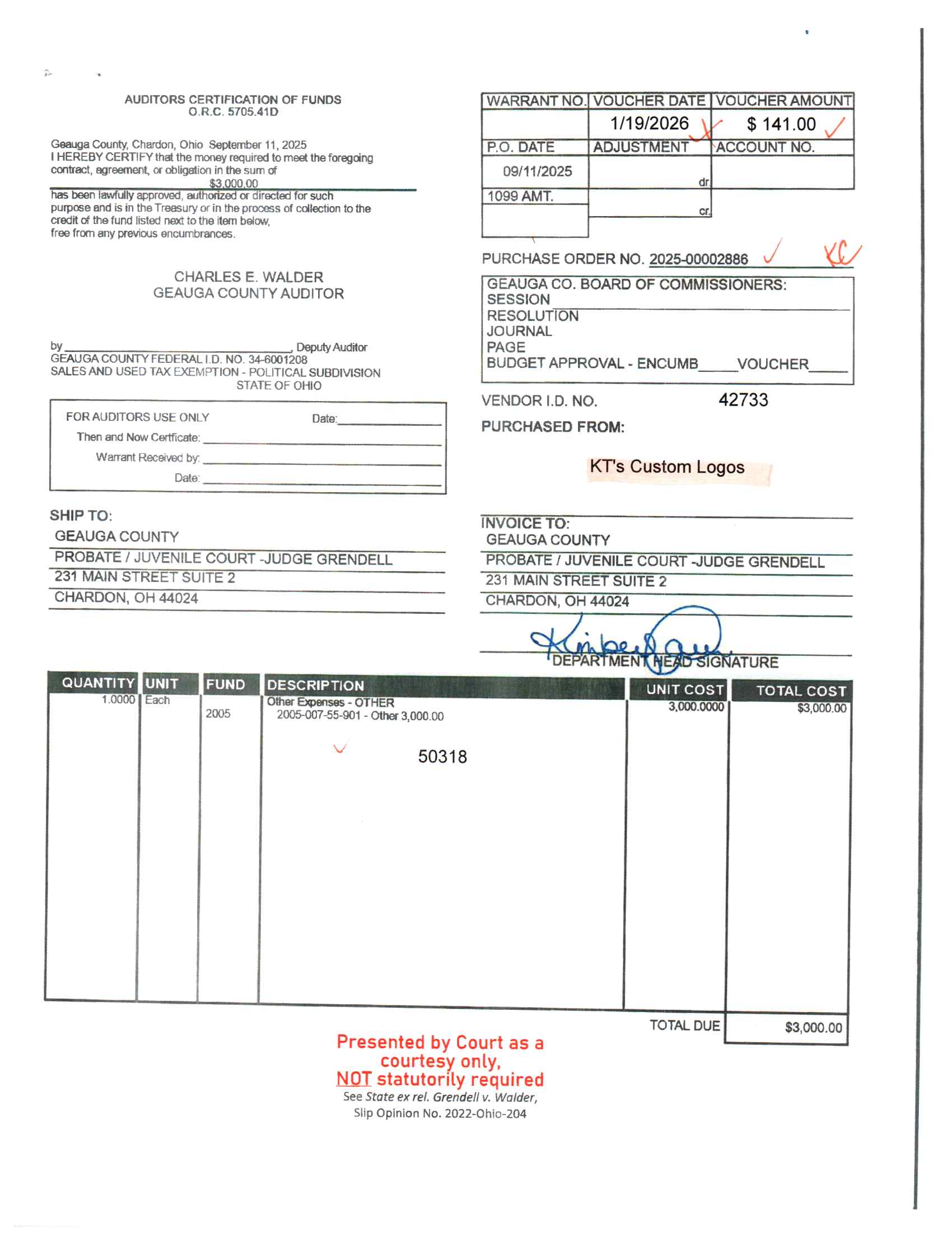 Auditor's Certification of Funds