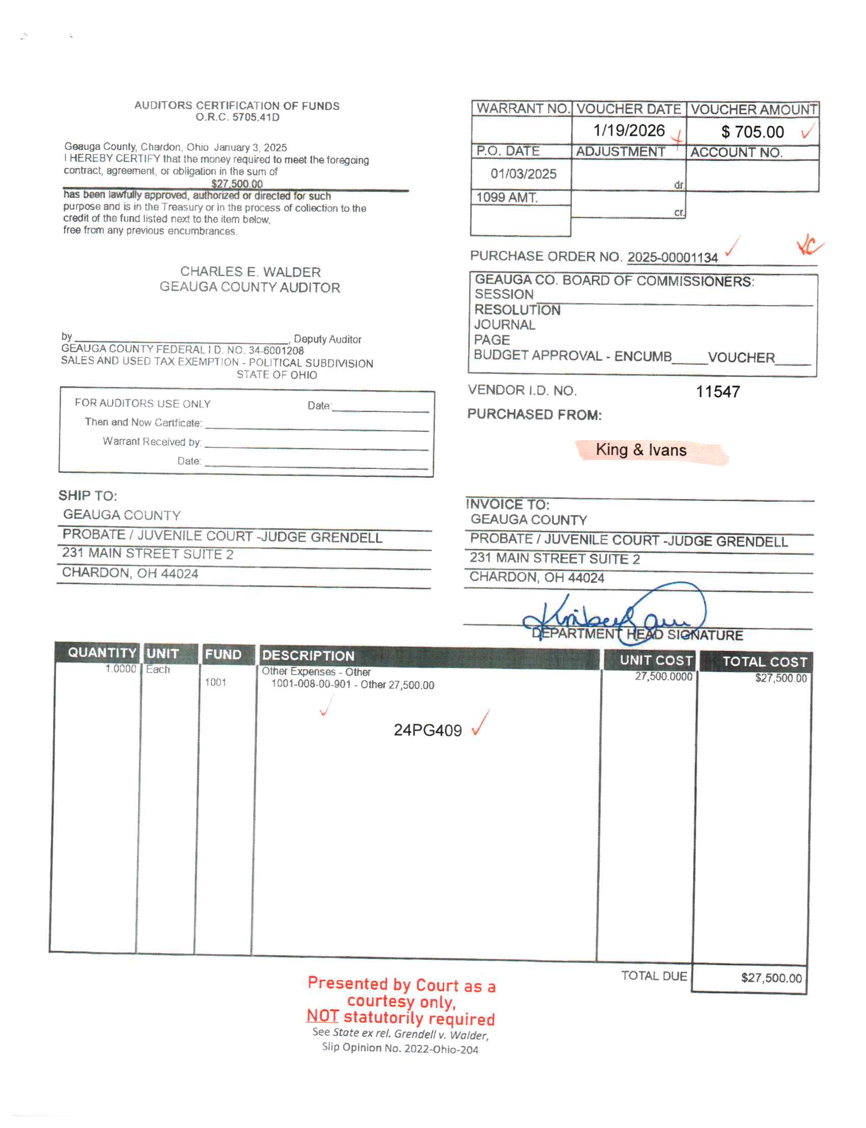 Auditor's Certification of Funds