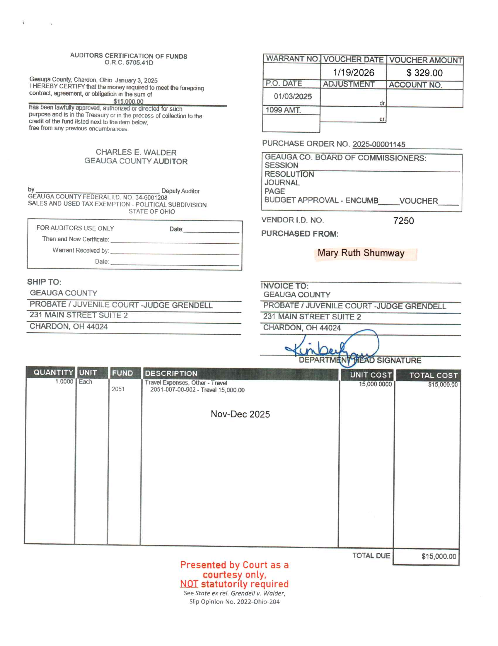 Auditor's Certification of Funds