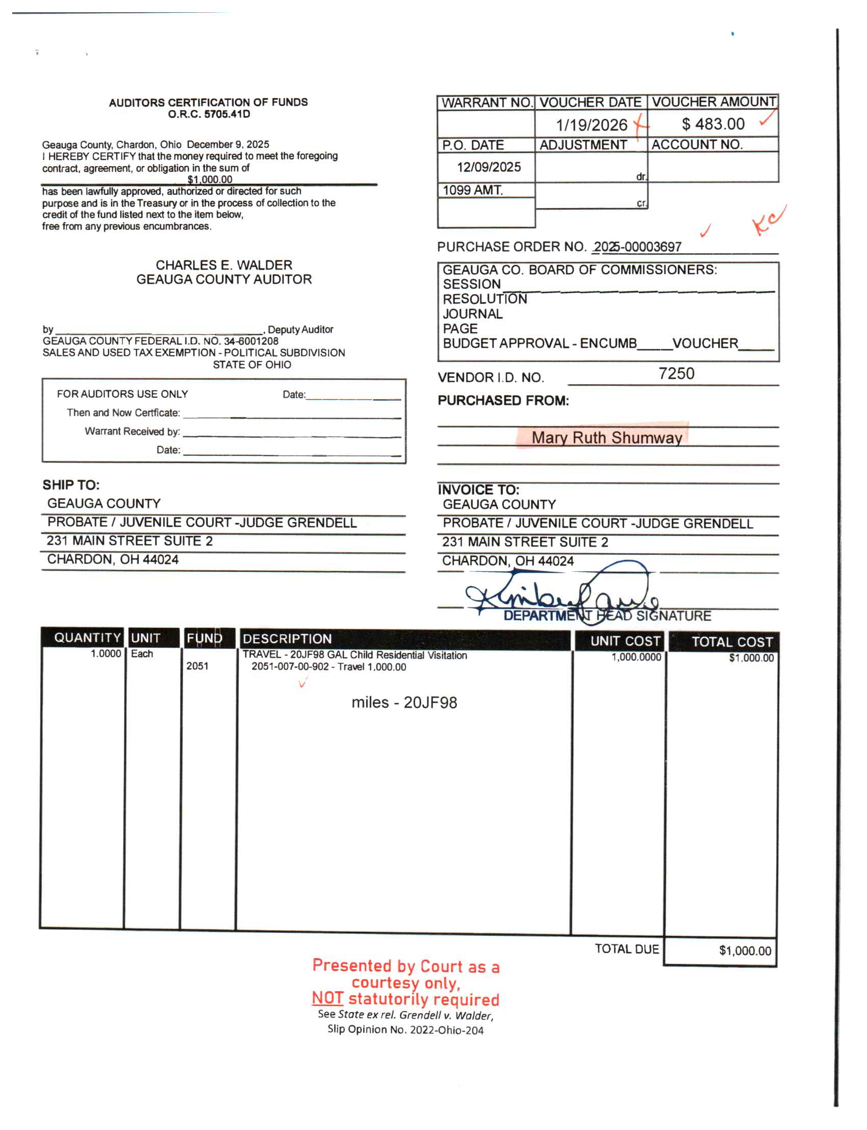 Auditor's Certification of Funds