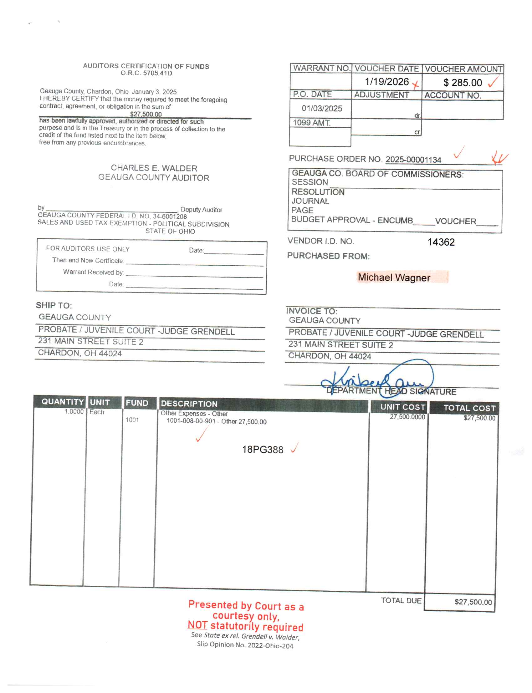 Auditor's Certification of Funds
