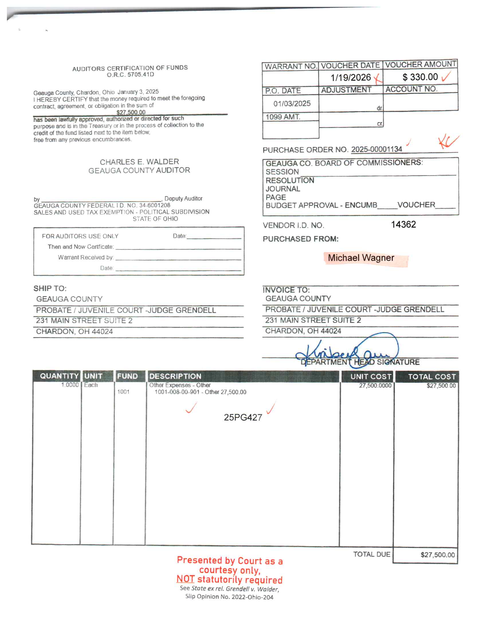 Auditor's Certification of Funds