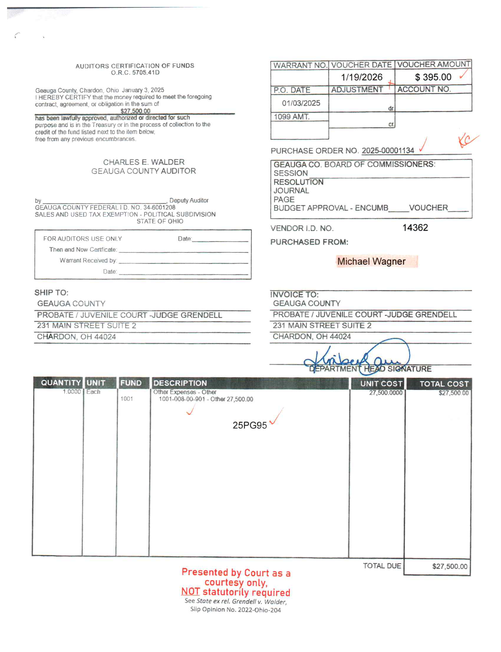 Auditor's Certification of Funds