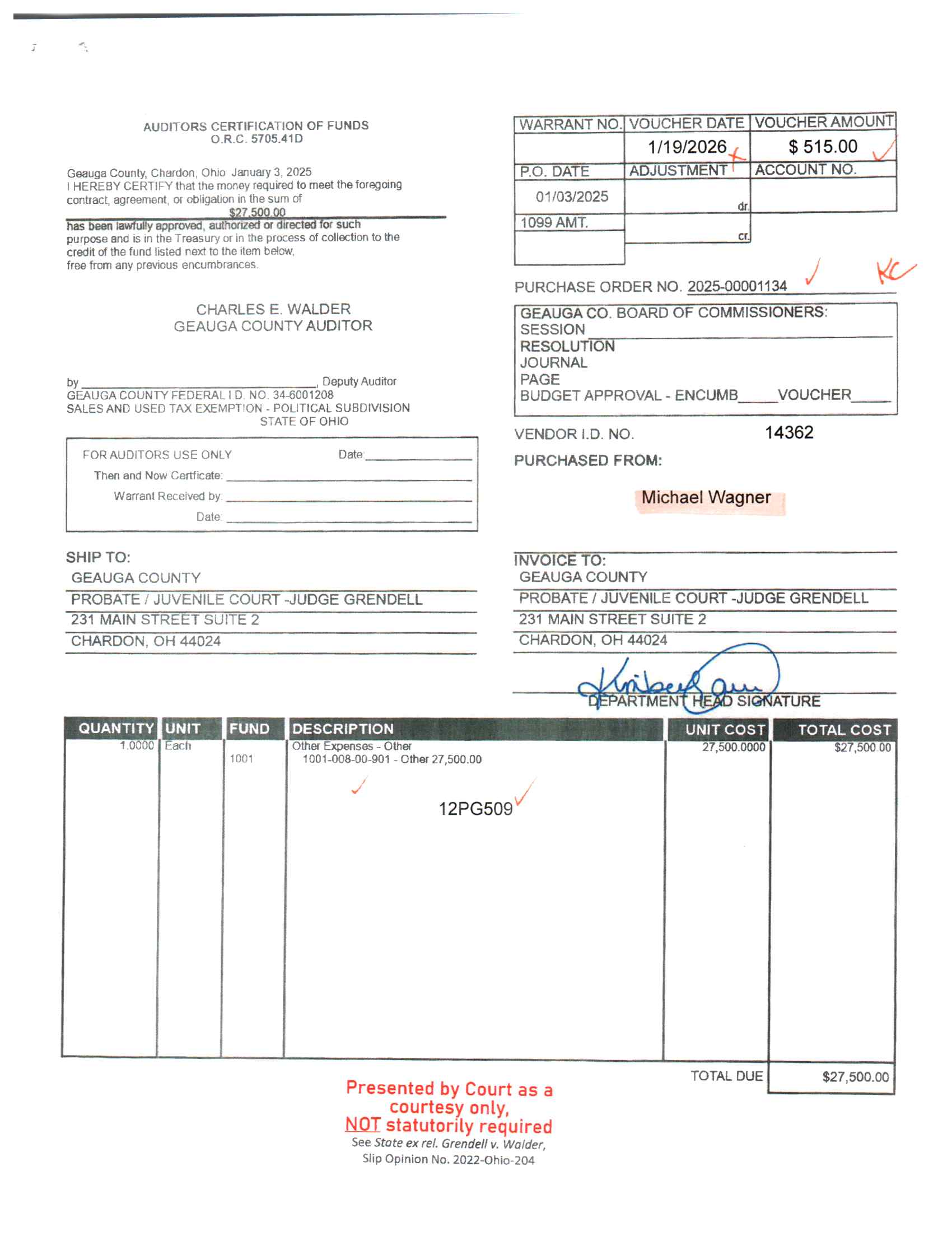 Auditor's Certification of Funds