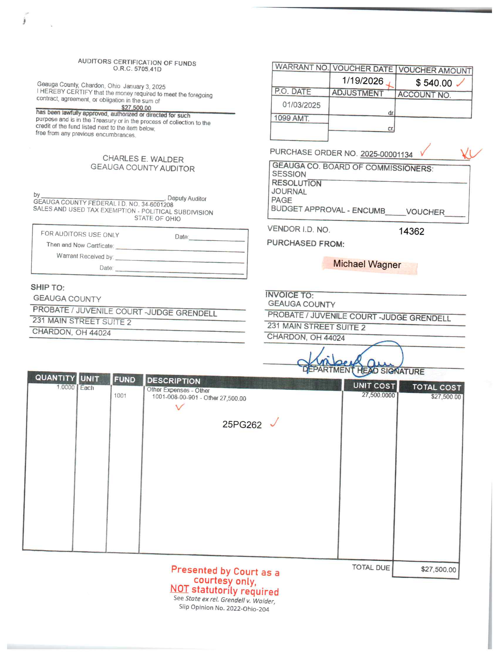 Auditor's Certification of Funds