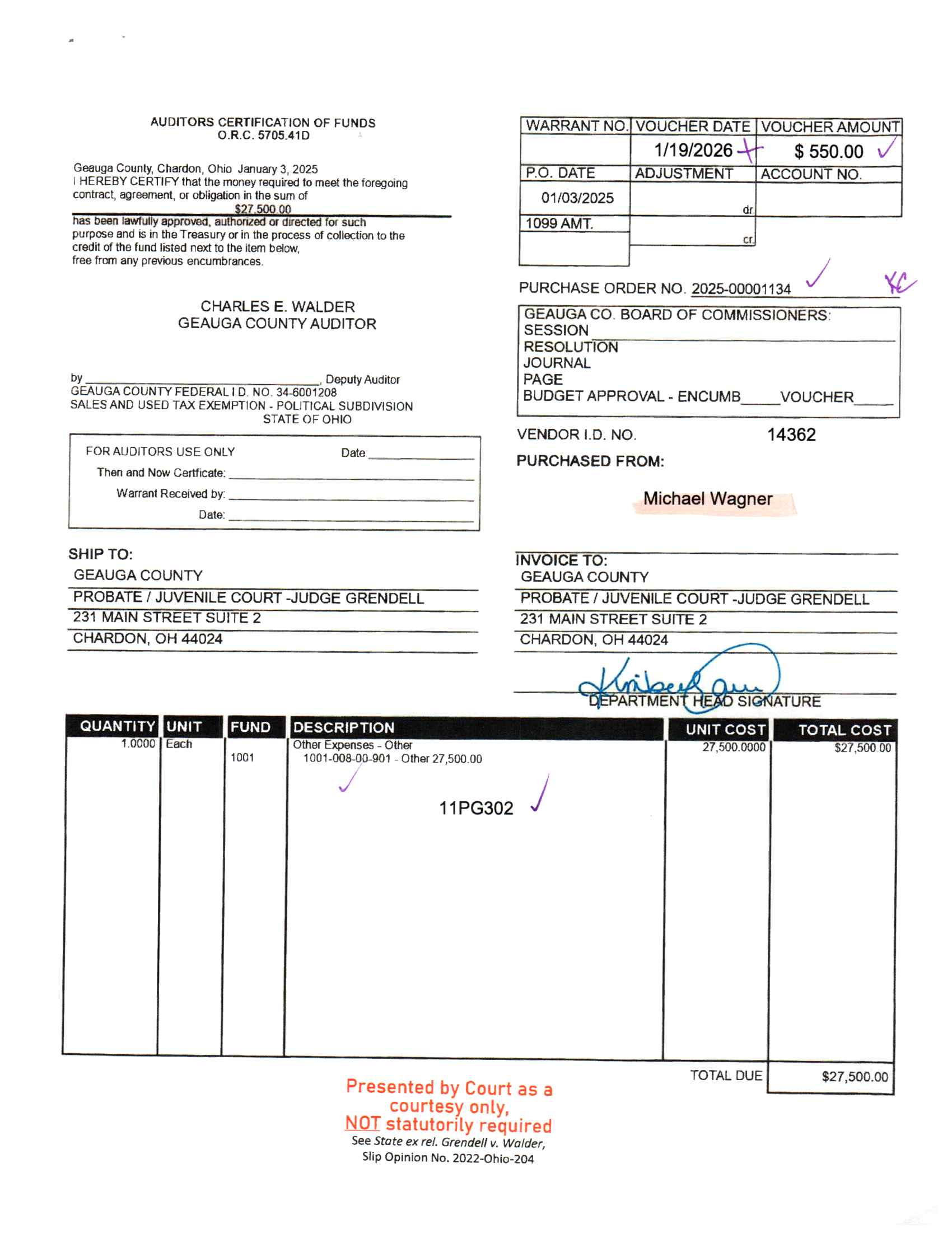 Auditor's Certification of Funds