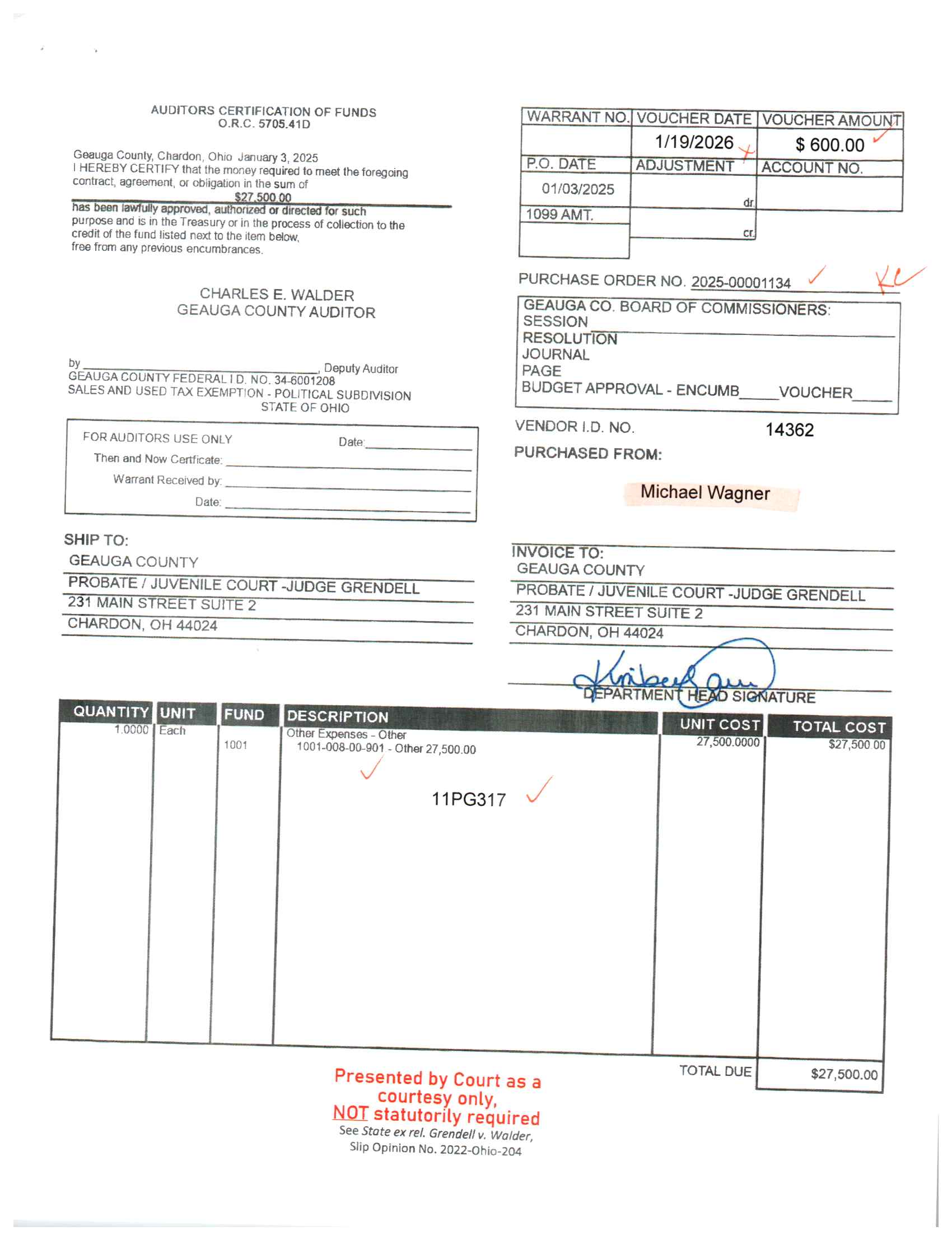 Auditor's Certification of Funds