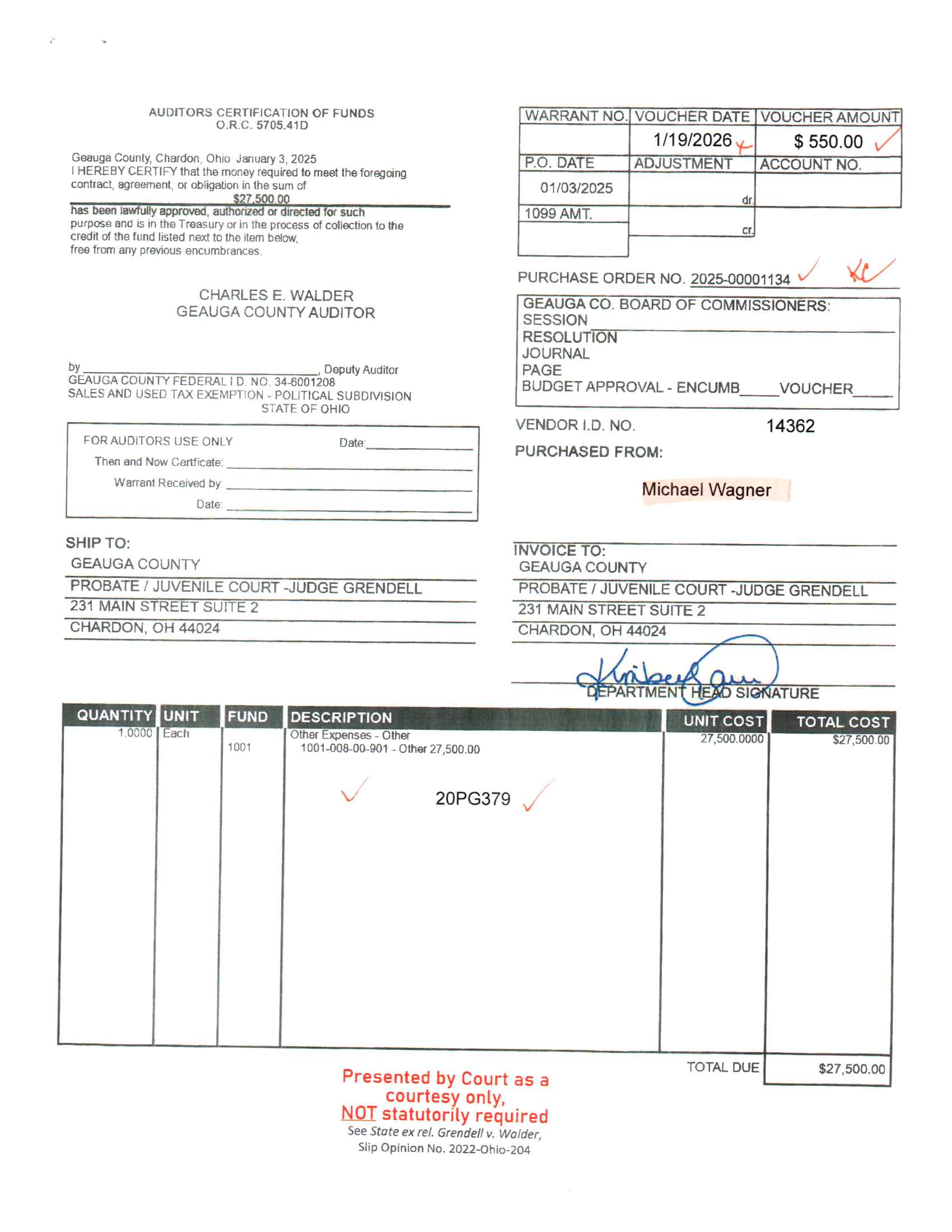 Auditor's Certification of Funds