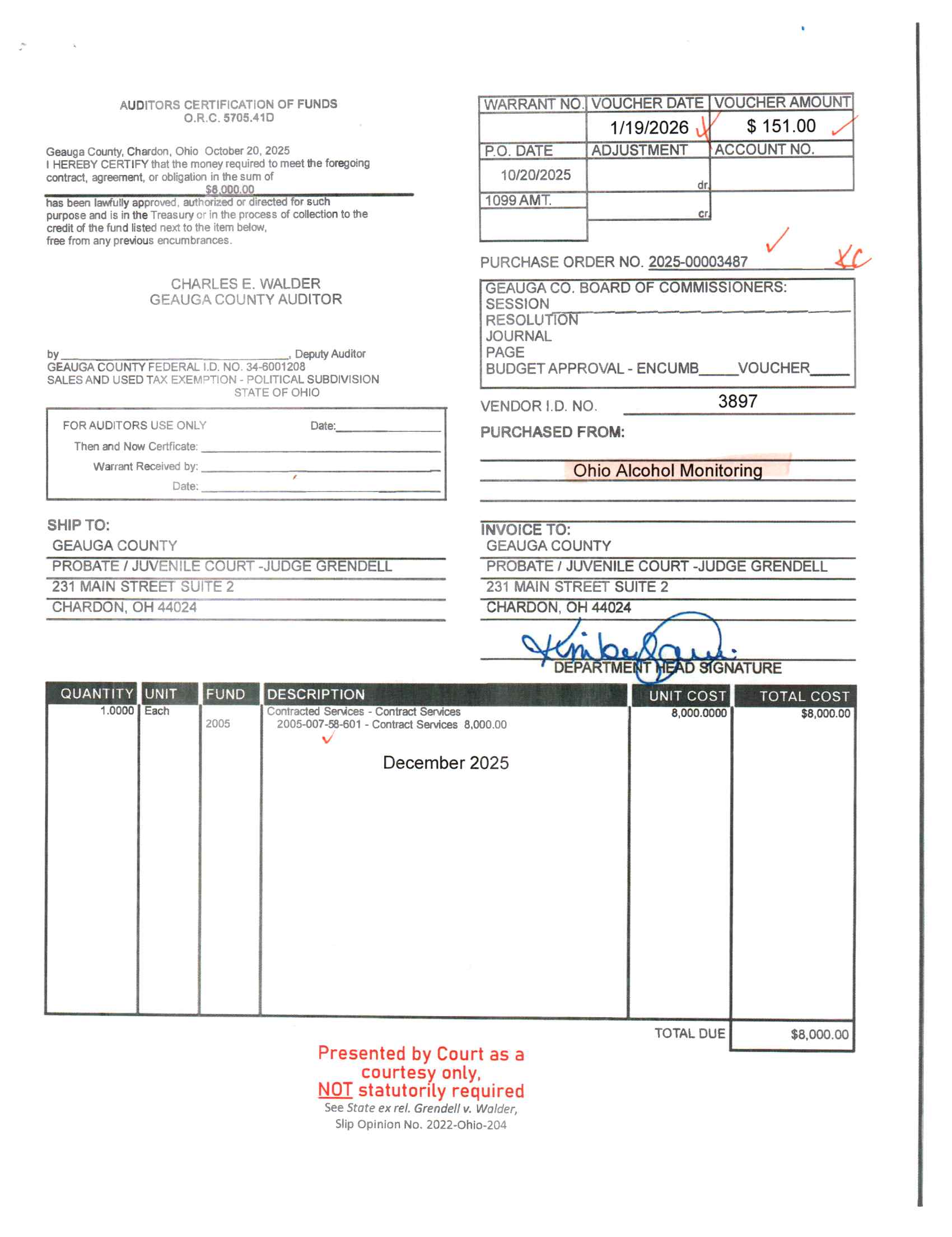 Auditor's Certification of Funds