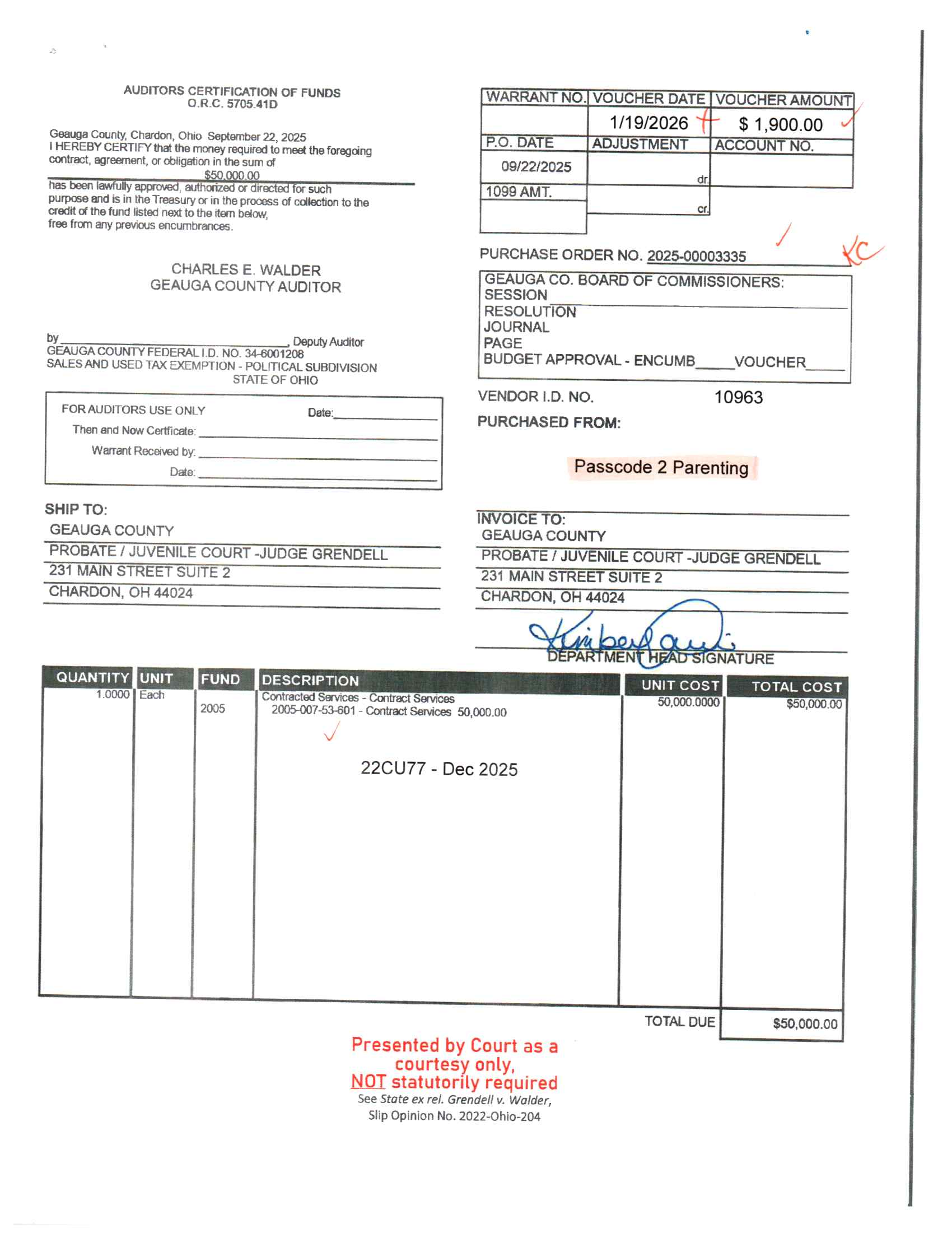 Auditor's Certification of Funds