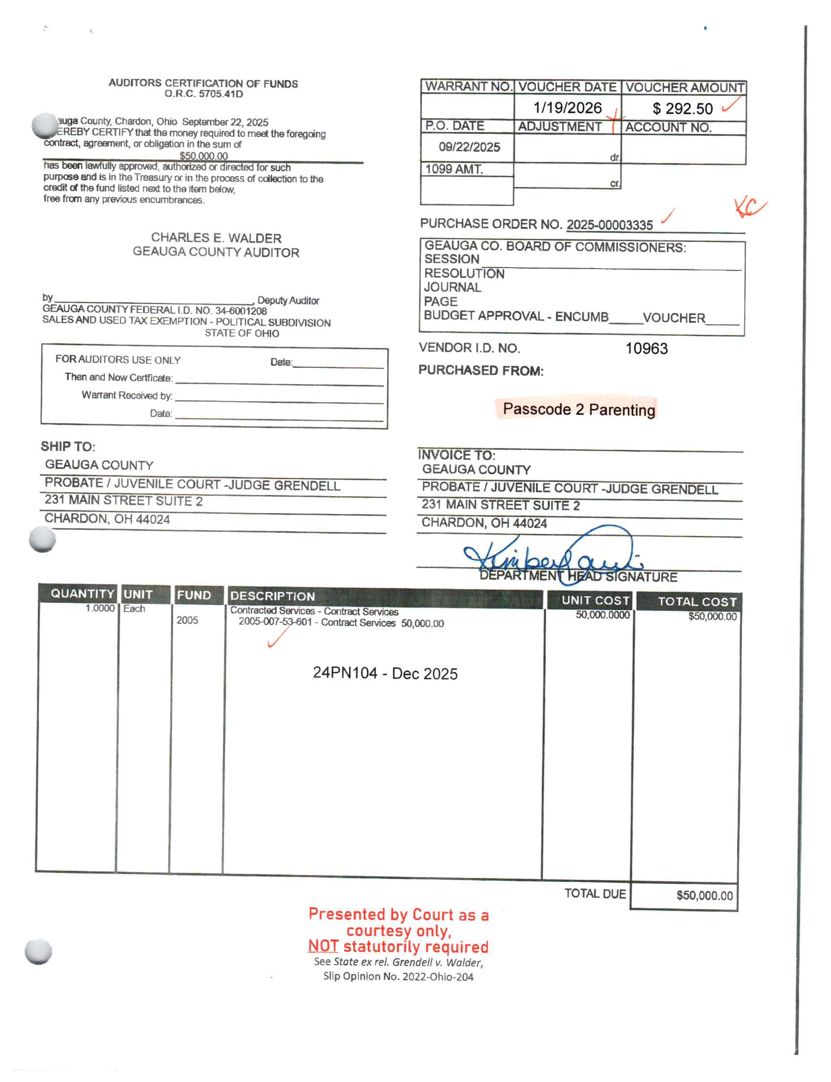 Auditor's Certification of Funds