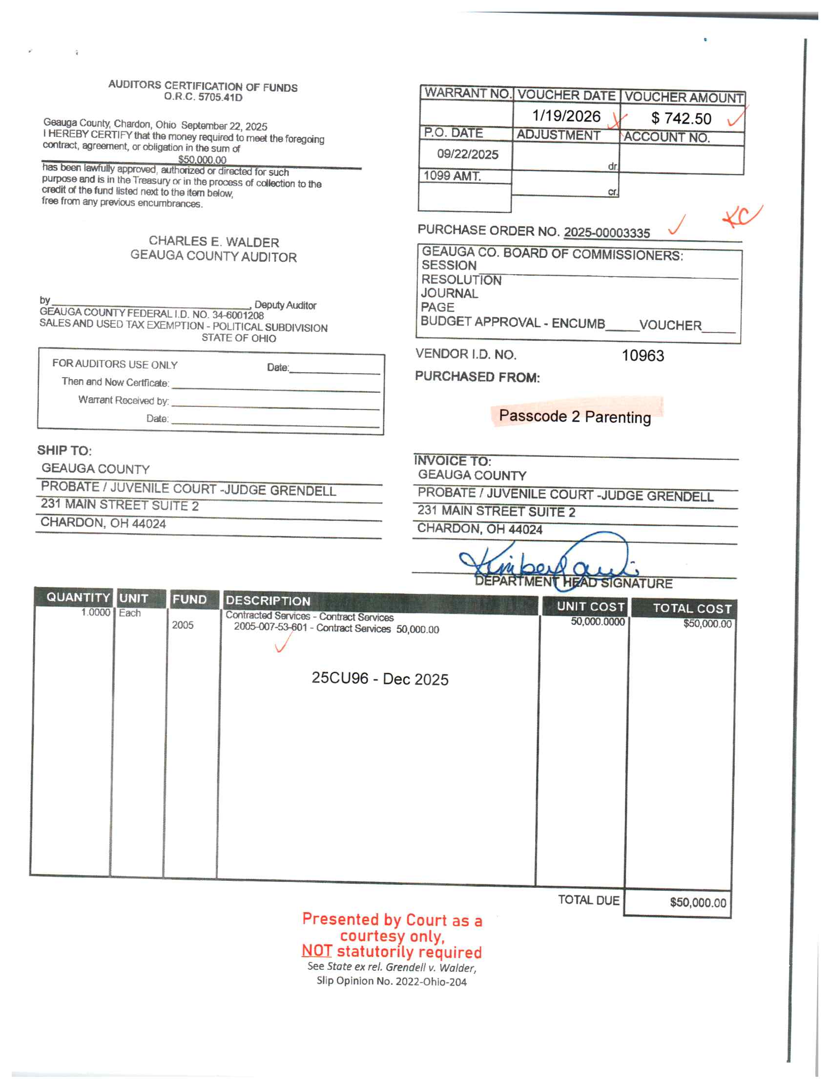 Auditor's Certification of Funds