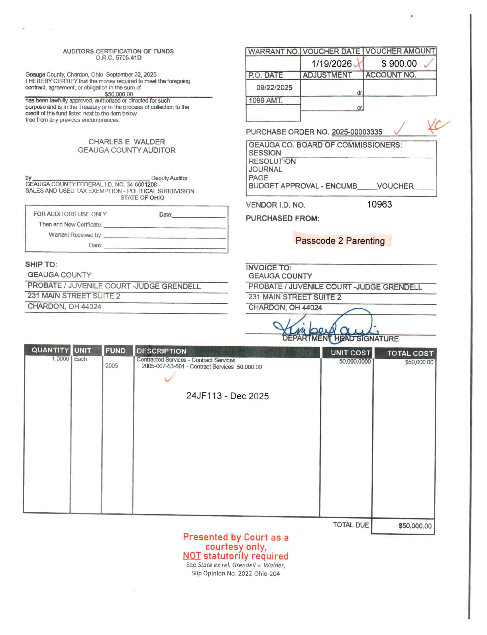 Auditor's Certification of Funds
