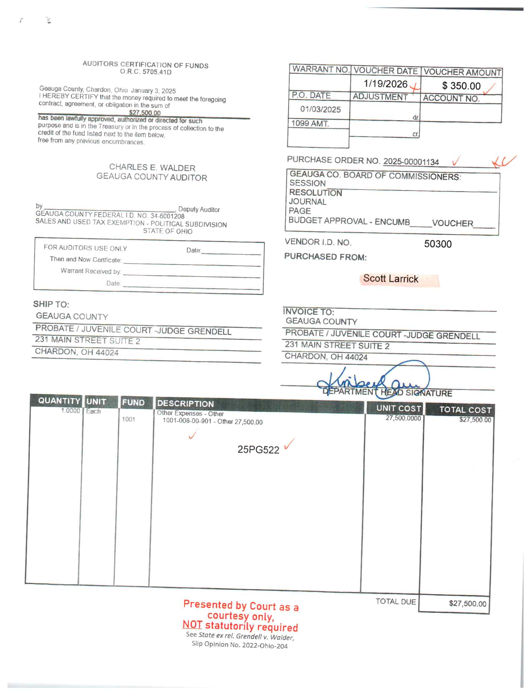 Auditor's Certification of Funds