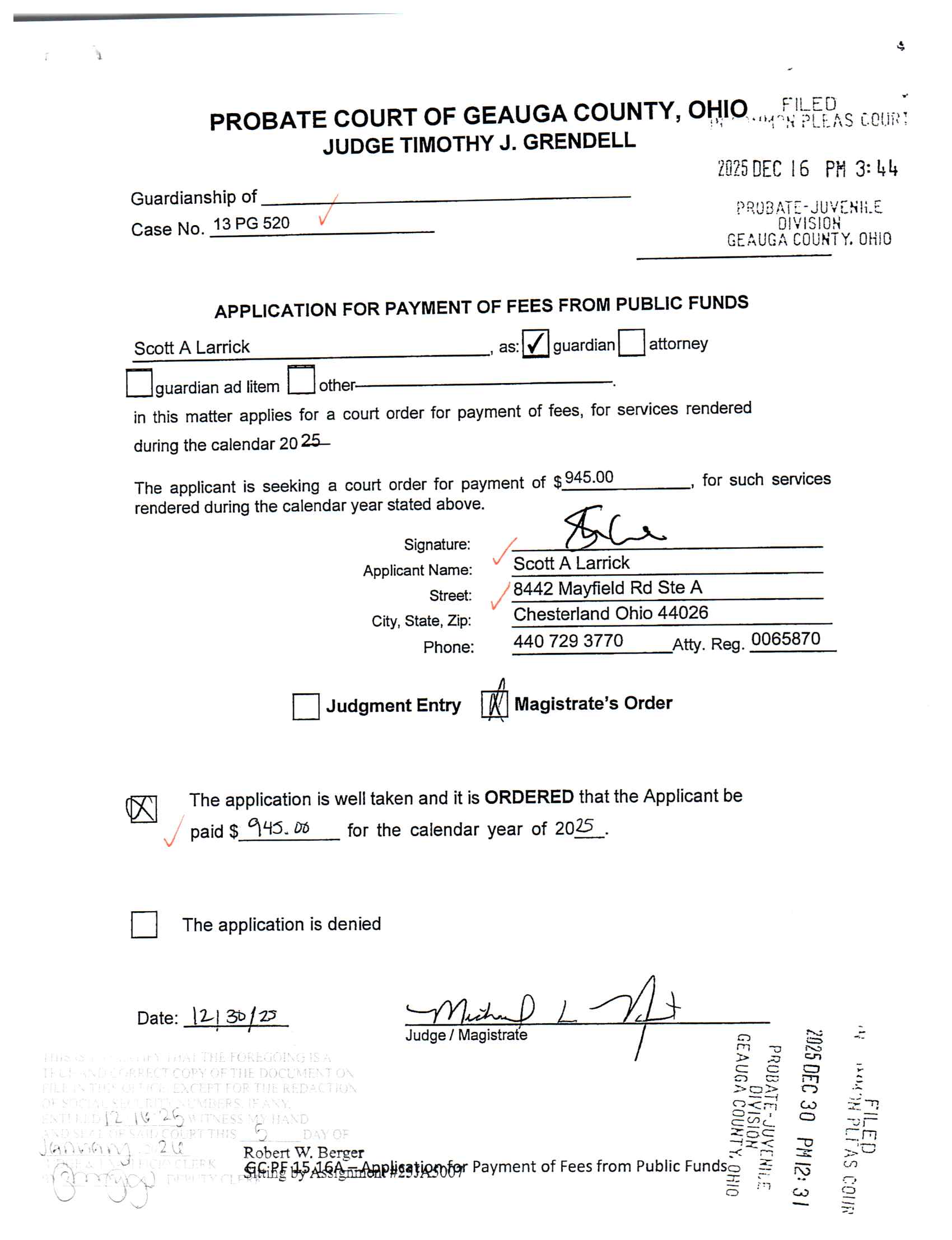Application for Payment of Fees from Public Funds