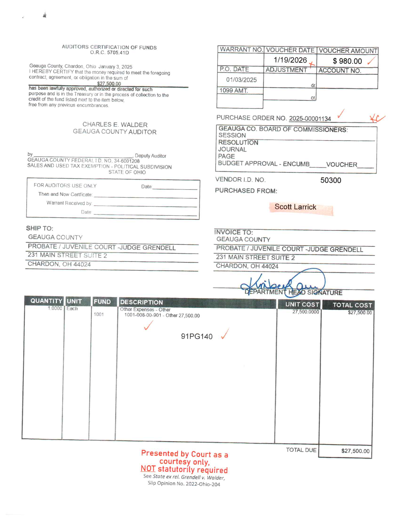 Auditor's Certification of Funds