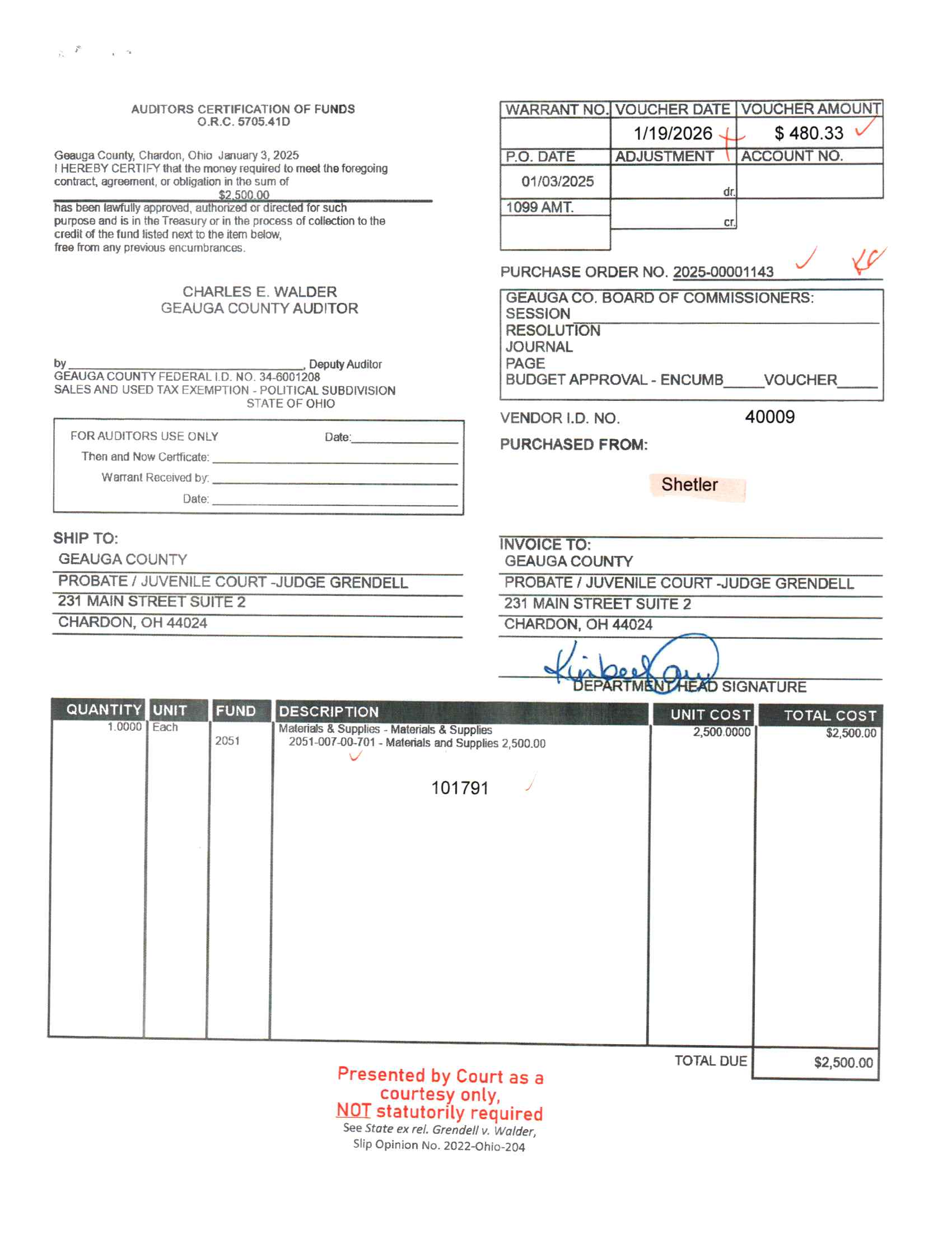 Auditor's Certification of Funds