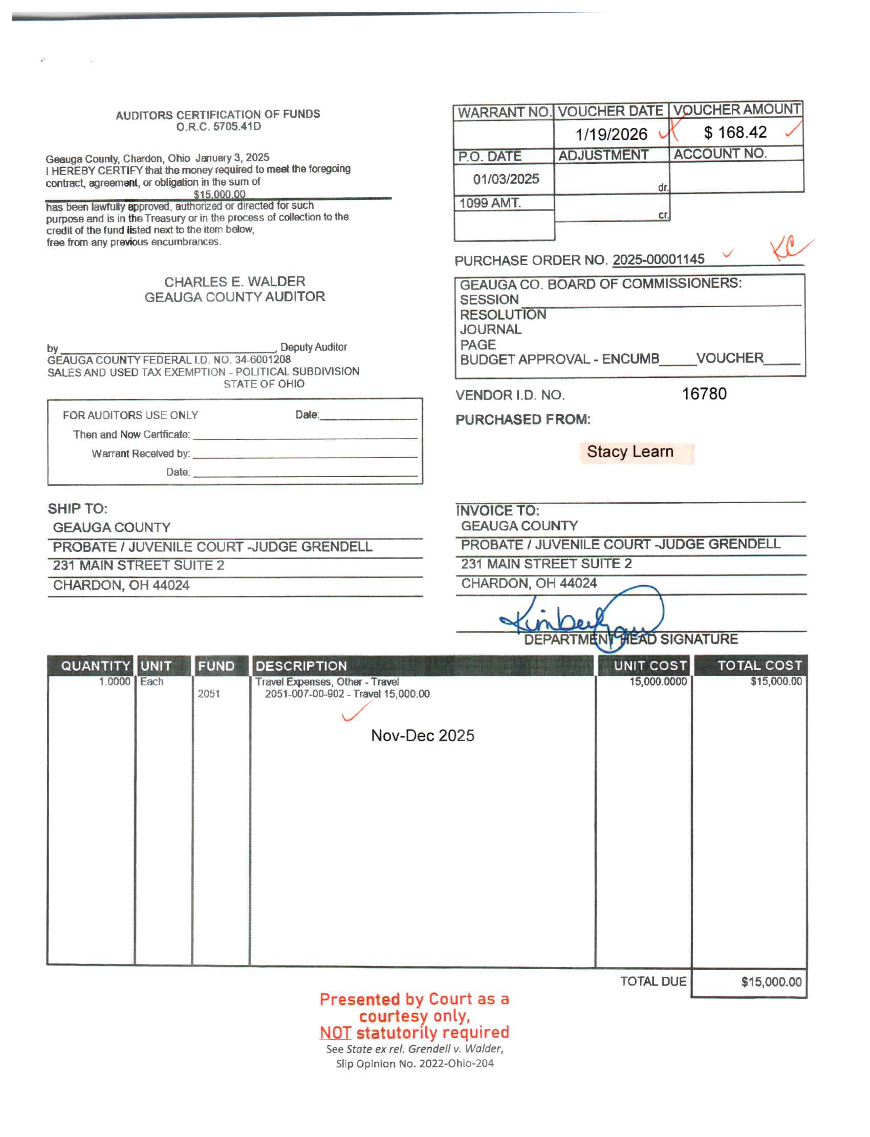 Auditor's Certification of Funds